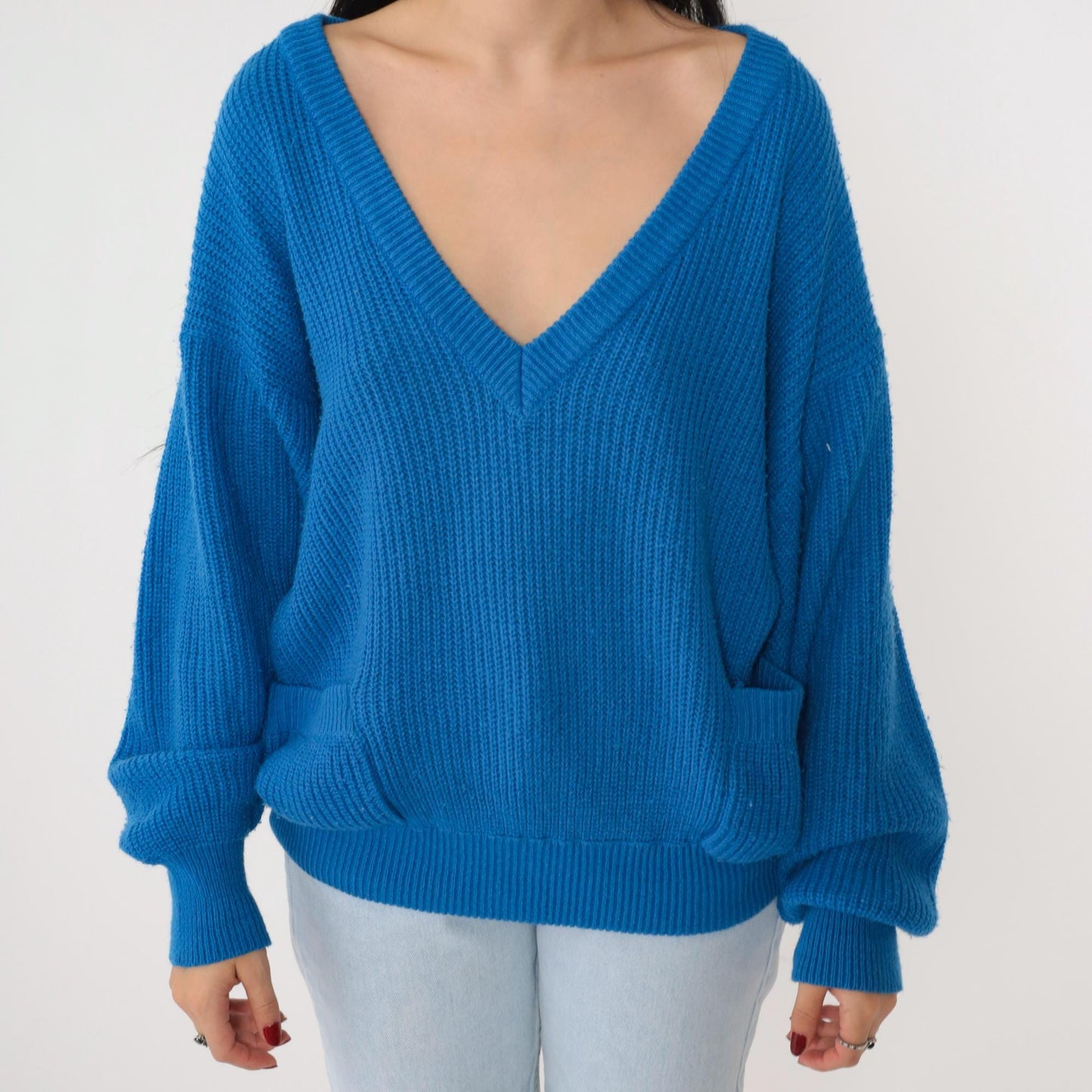 80s Buggi Electric Blue V-Neck Ribbed Knit Sweater Pockets Large