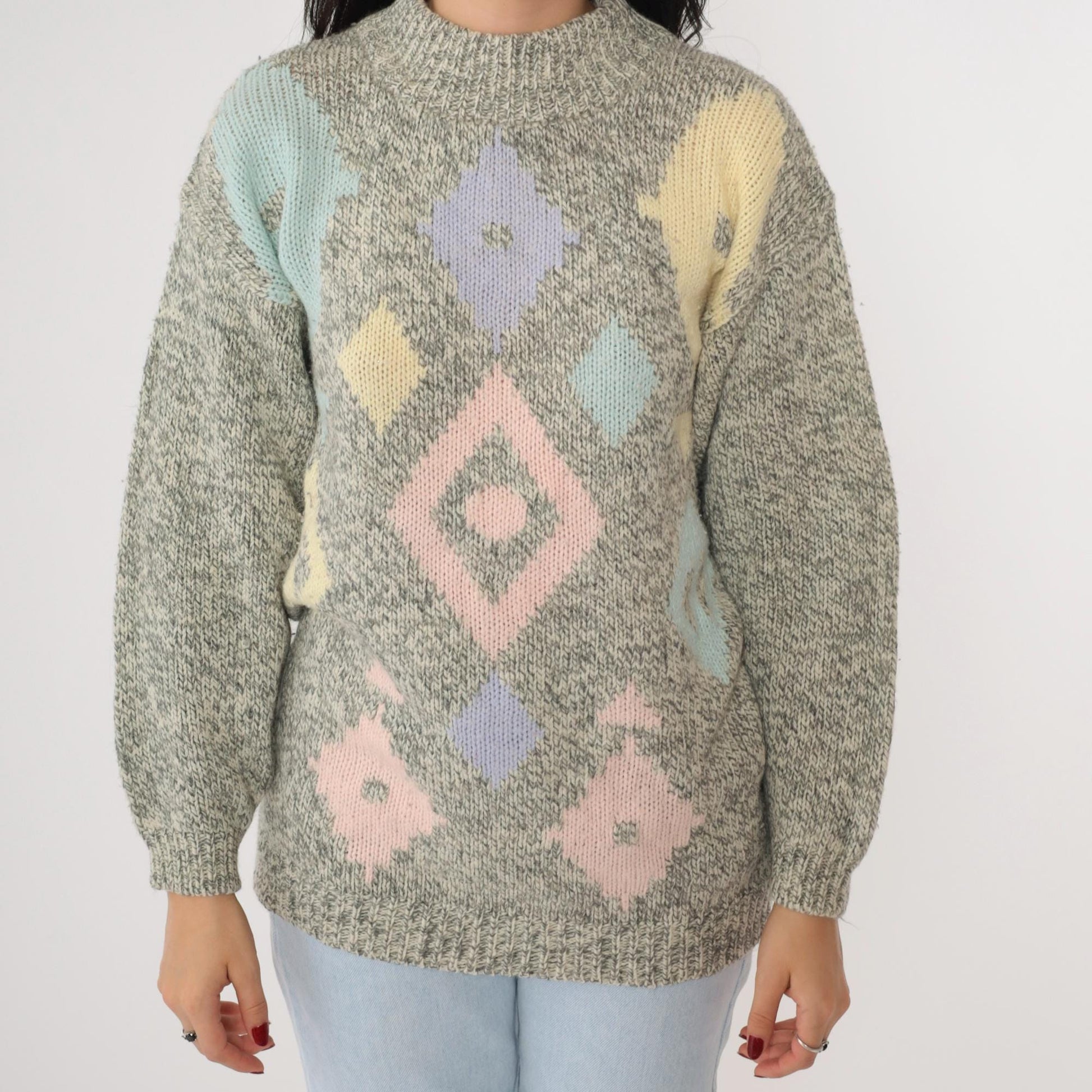 80s Geometric Mock Neck Sweater Grey Pink Lavender Diamond Knit Medium