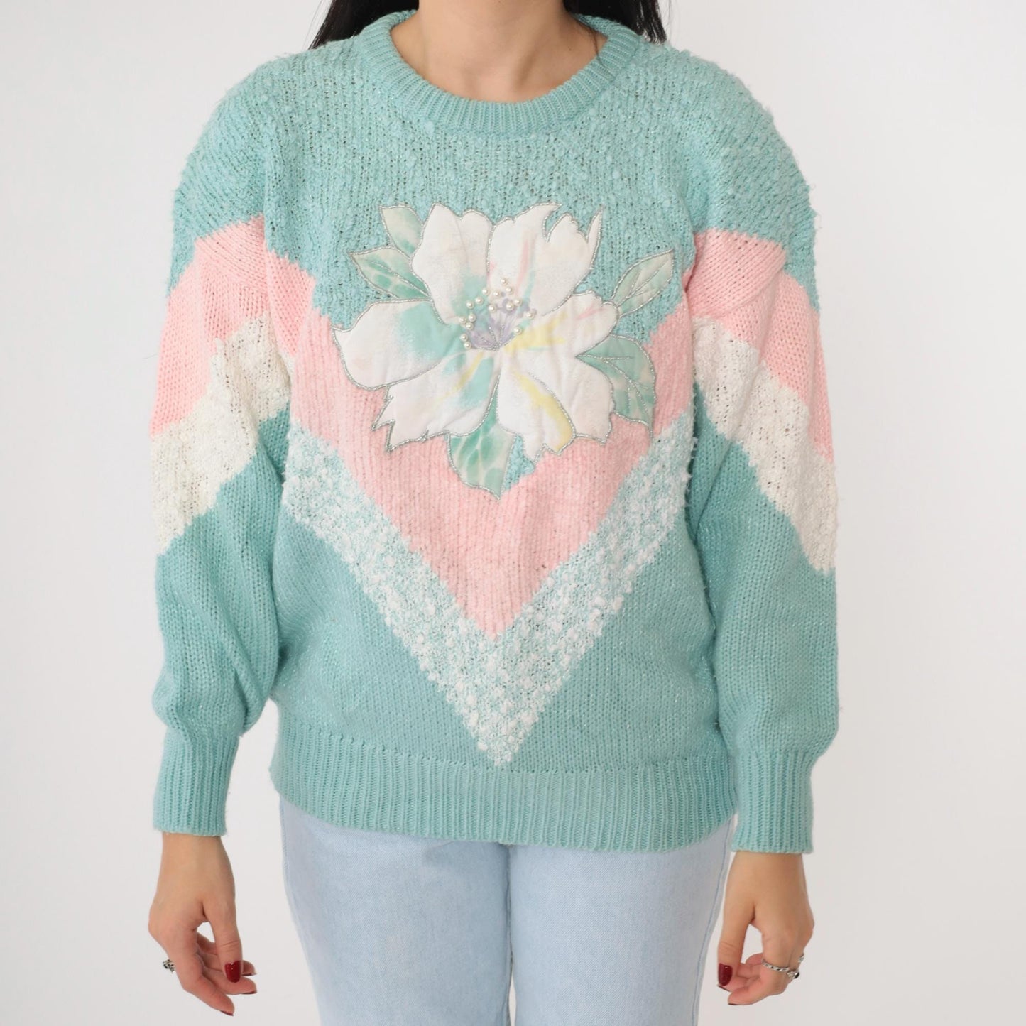 80s Jacelyn Smith Seafoam Knit Sweater Pearl Beaded Floral Chevron Medium
