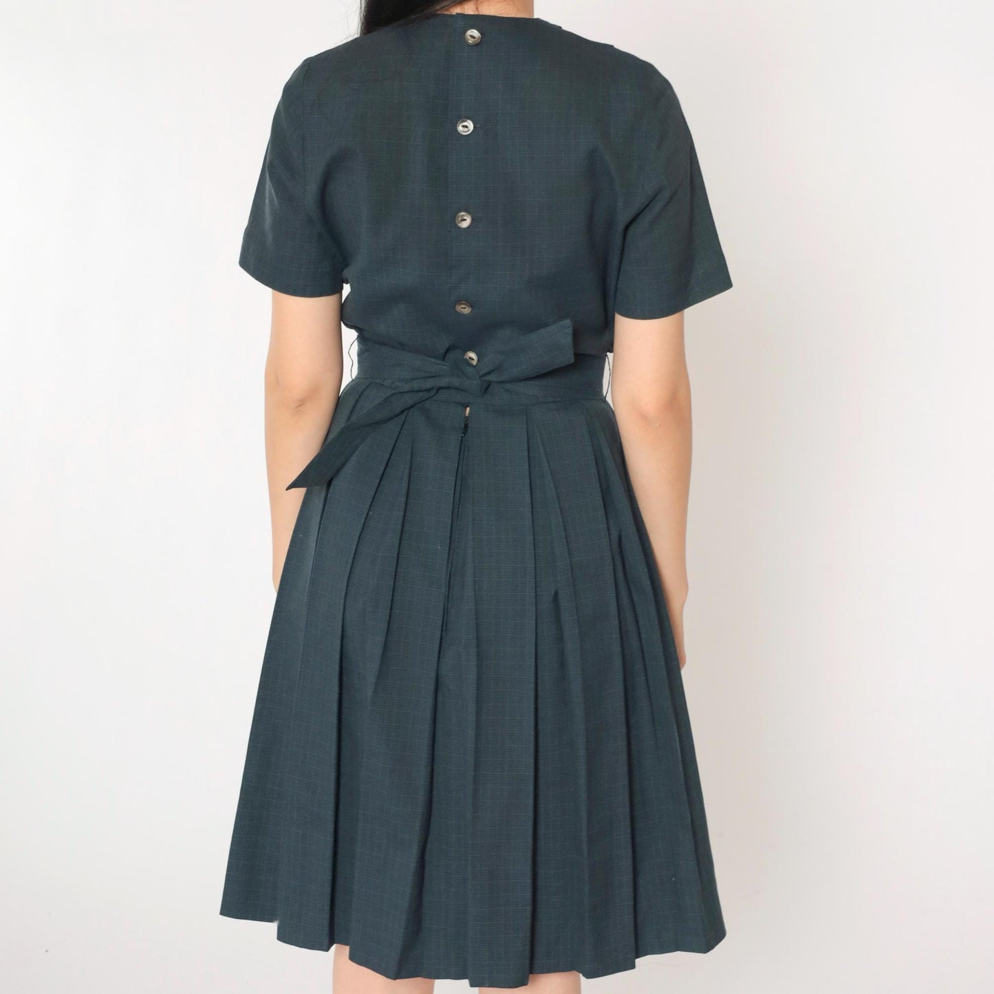 1960s Grey Checkered Pleated Day Dress High Waist Button Back Small