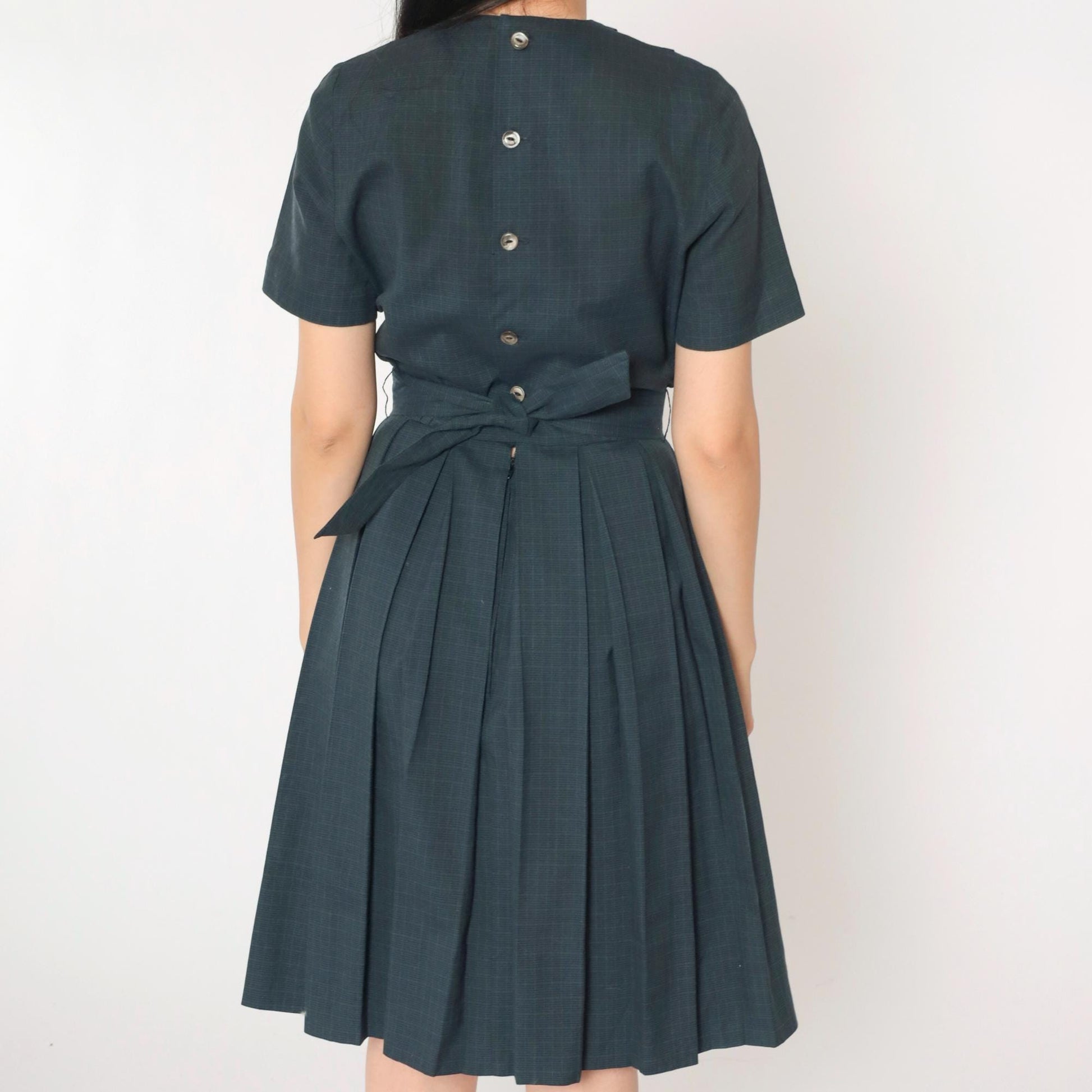 1960s Grey Checkered Pleated Day Dress High Waist Button Back Small