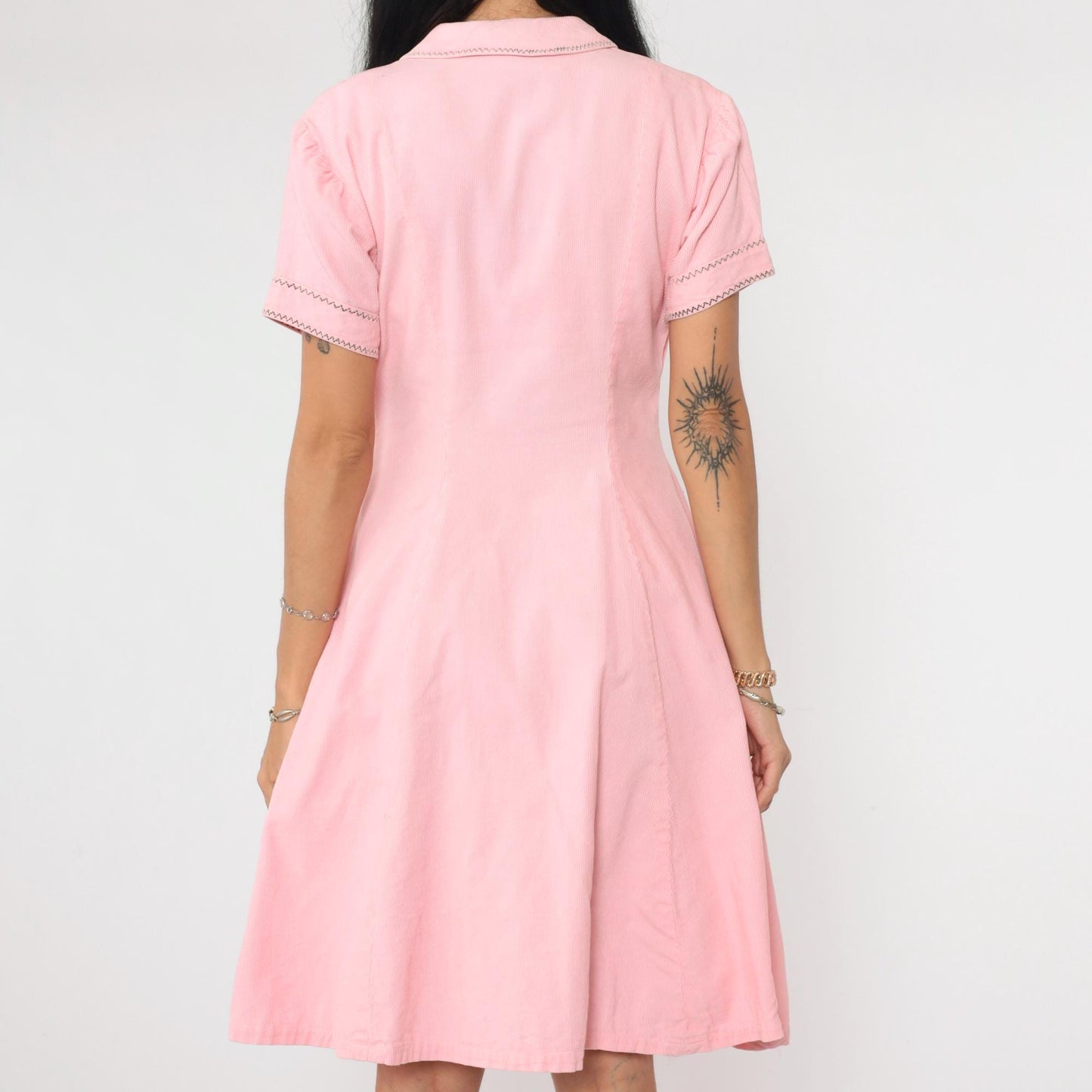 60s Pink Corduroy Mini Dress Peter Pan Collar A-Line Shift Pockets Medium