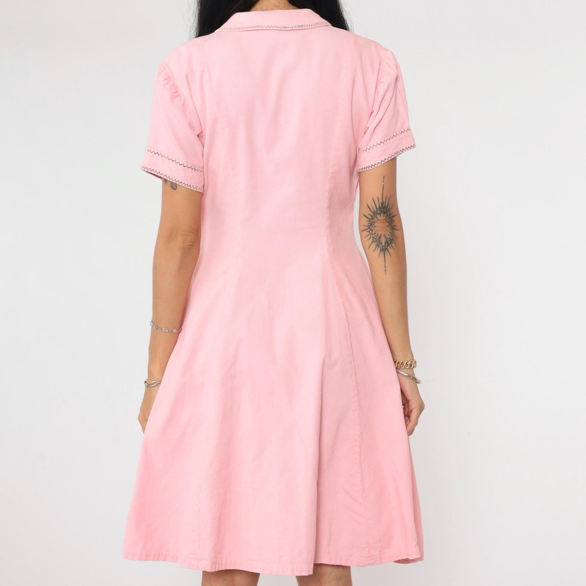 60s Pink Corduroy Mini Dress Peter Pan Collar A-Line Shift Pockets Medium