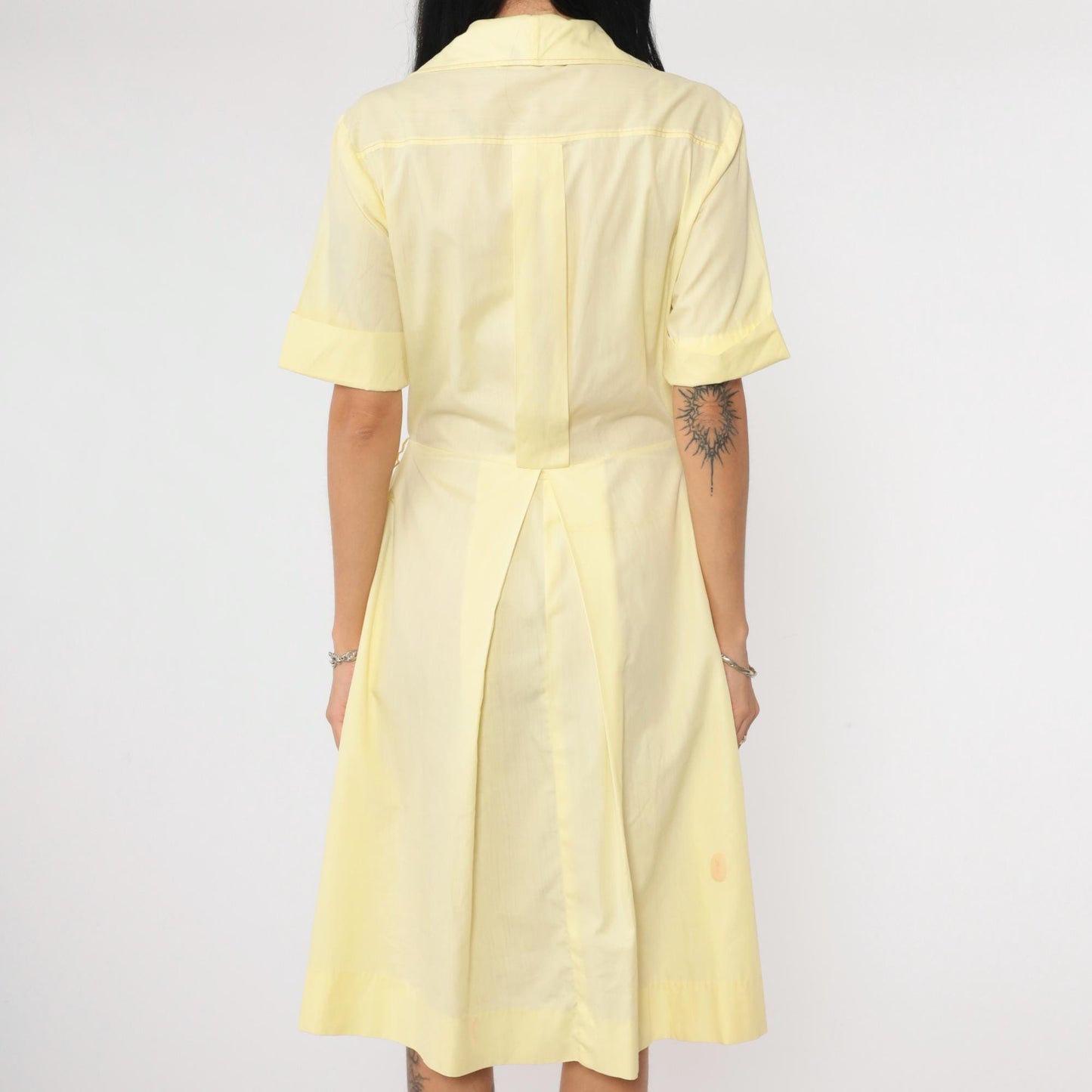 60s Light Yellow Button-Up Shirtdress Midi Collared High Waist Small