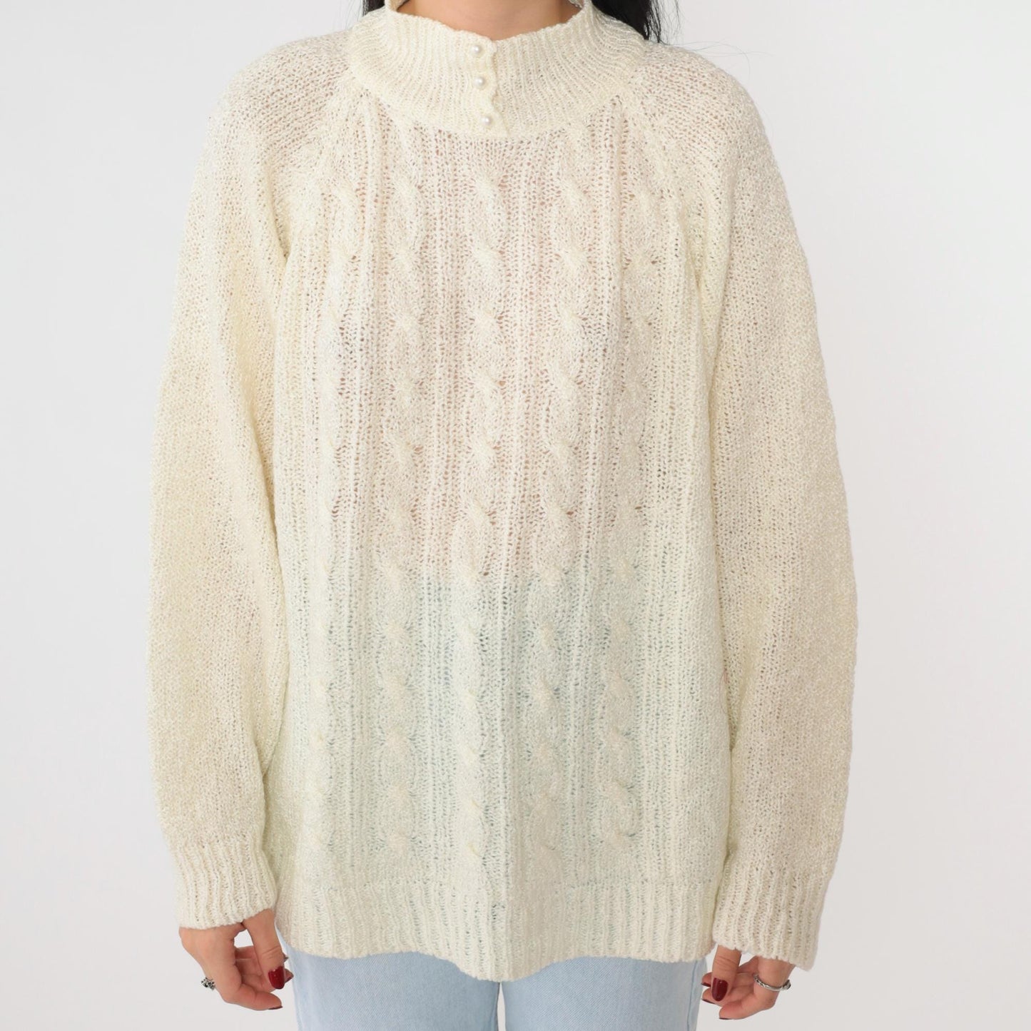 80s Miranda Cable Knit Sweater Cream Mock Neck Pearl Buttons Large L
