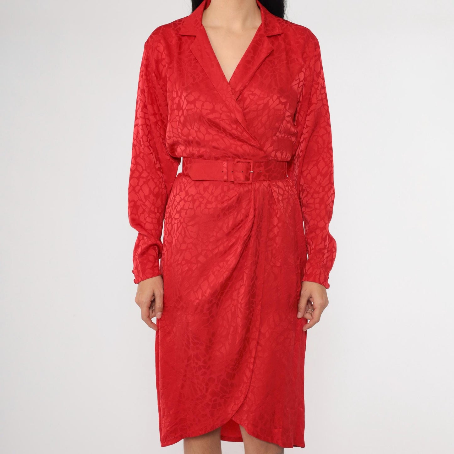 90s Liz Claiborne Red Silk Wrap Dress Embossed Mosaic V Neck Midi Extra Small XS