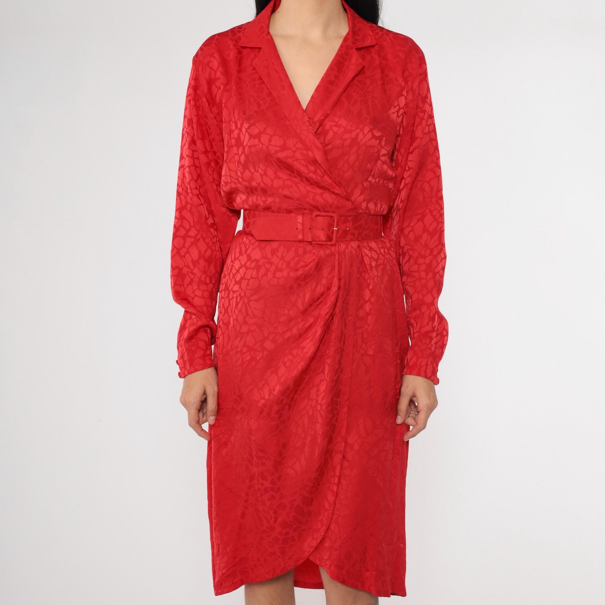 90s Liz Claiborne Red Silk Wrap Dress Embossed Mosaic V Neck Midi Extra Small XS