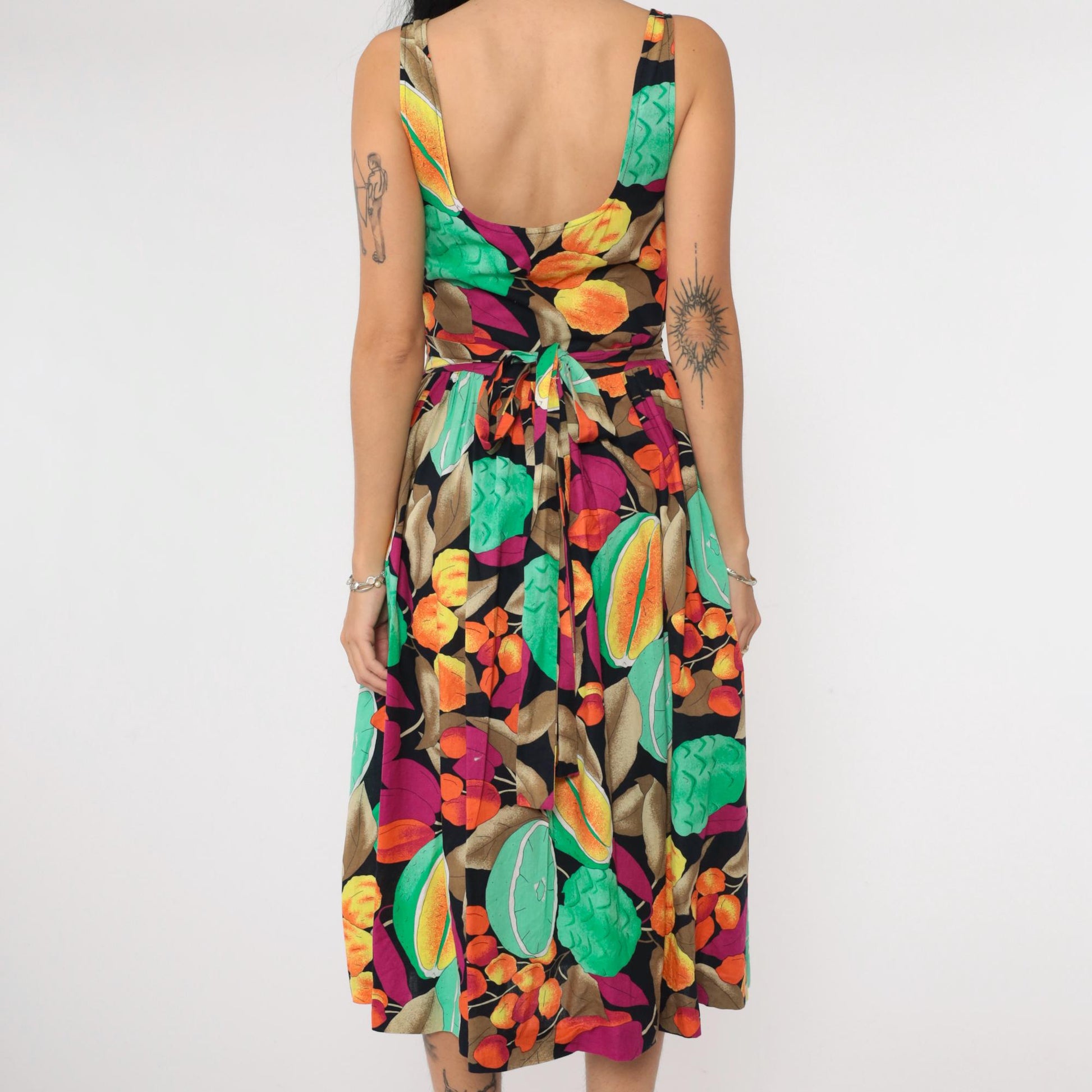 80s Alouette Tropical Fruit Midi Dress Black Button-Up Sleeveless Extra Small
