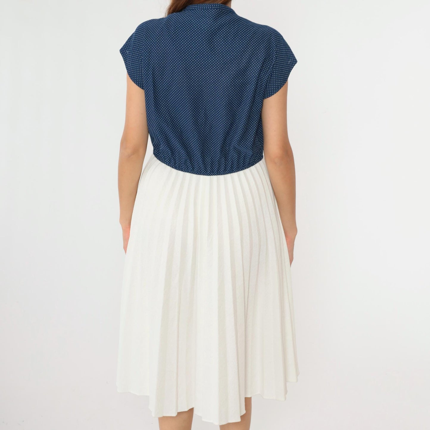 70s Polka Dot Midi Dress Blue White Keyhole Tie Neck High Waisted Medium