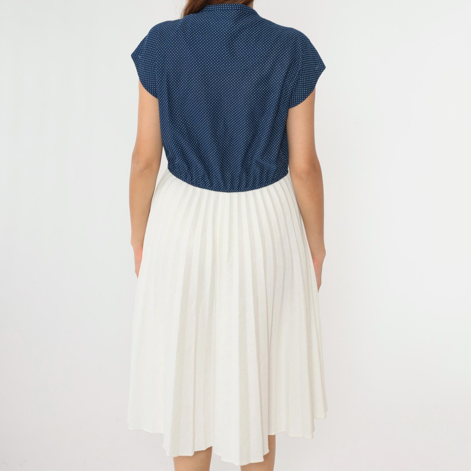 70s Polka Dot Midi Dress Blue White Keyhole Tie Neck High Waisted Medium