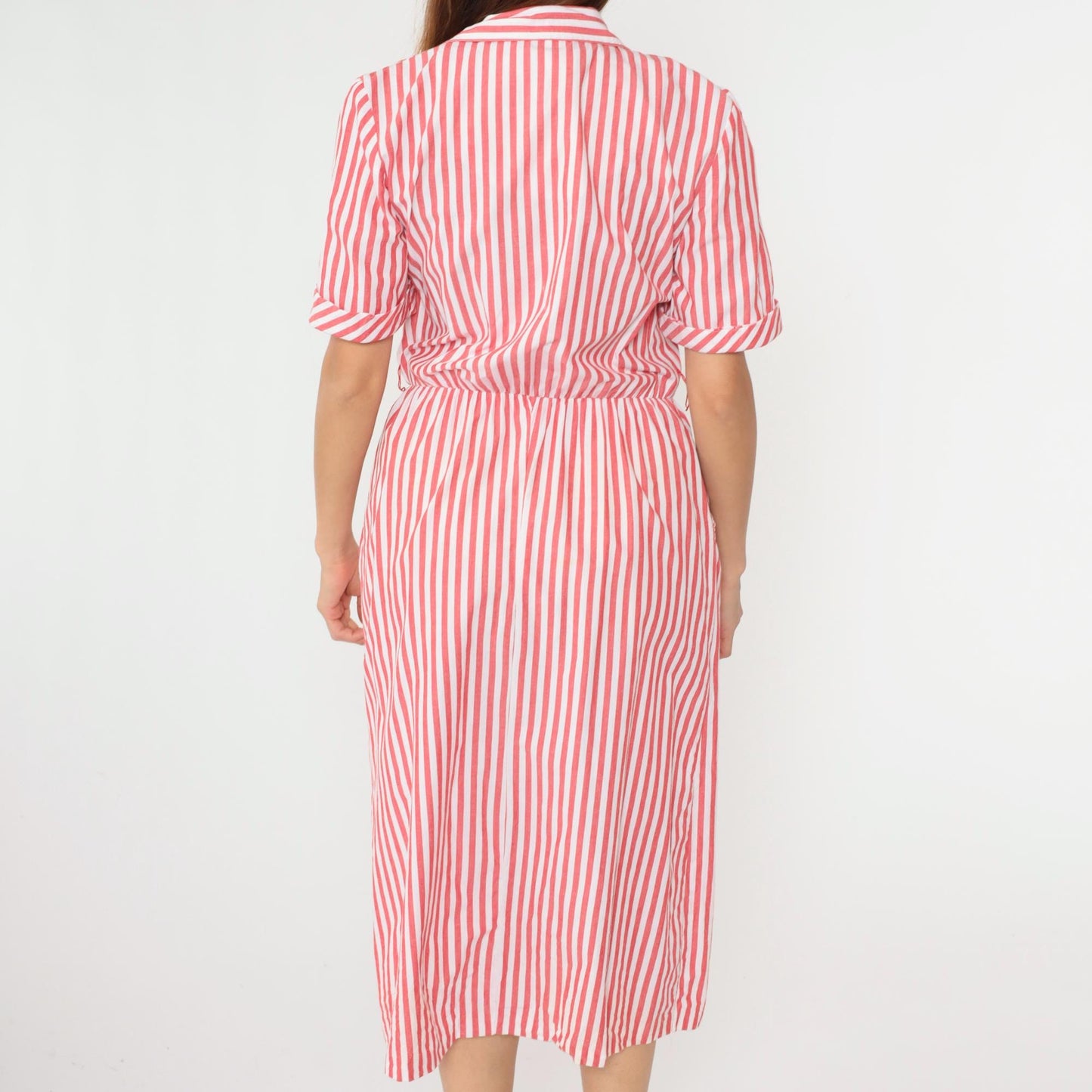 90s Red White Striped Cotton Midi Shirtdress Double Breasted High Waist Small Medium