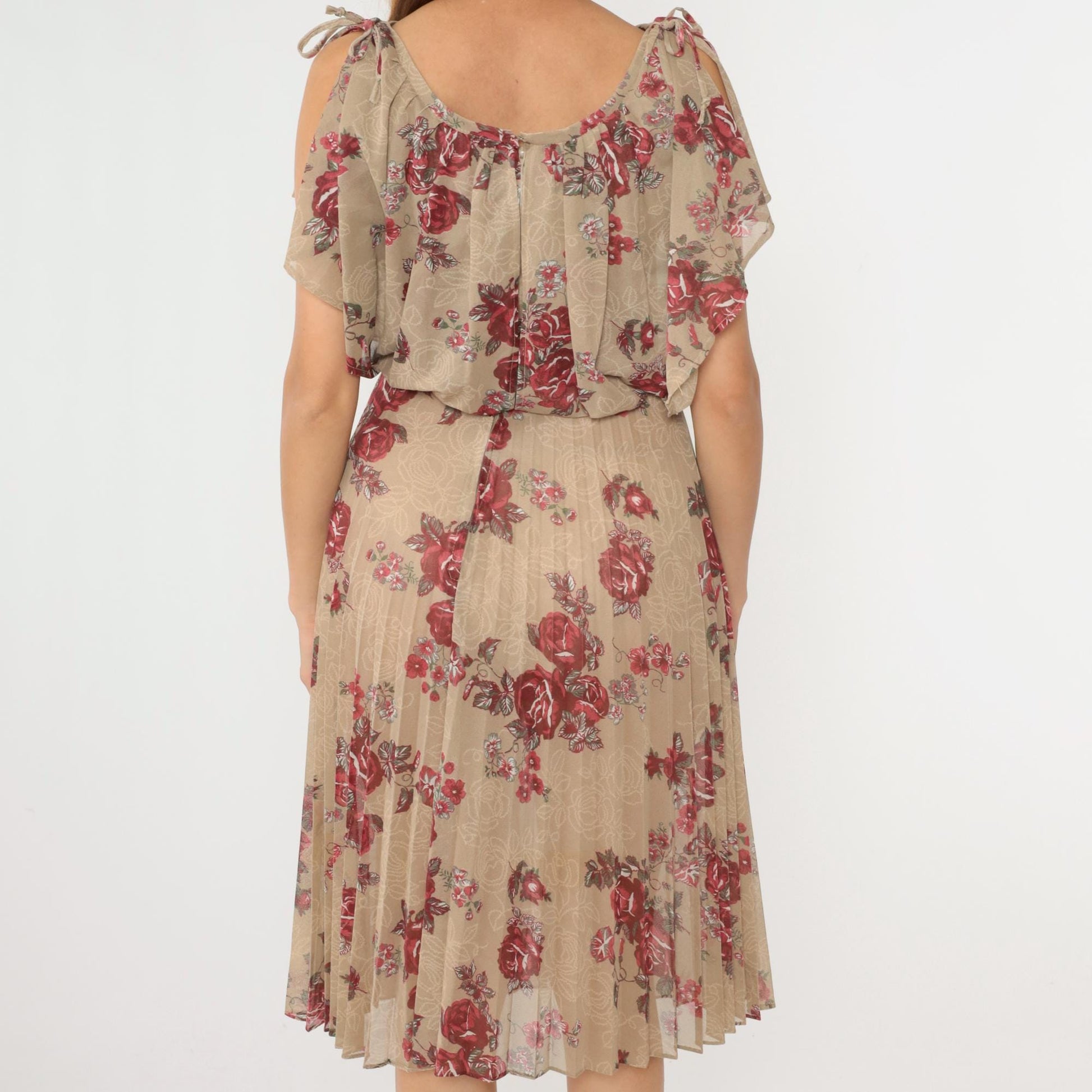 70s Floral Midi Dress Taupe Rose Print High Waist Blouson Flutter Sleeve Small