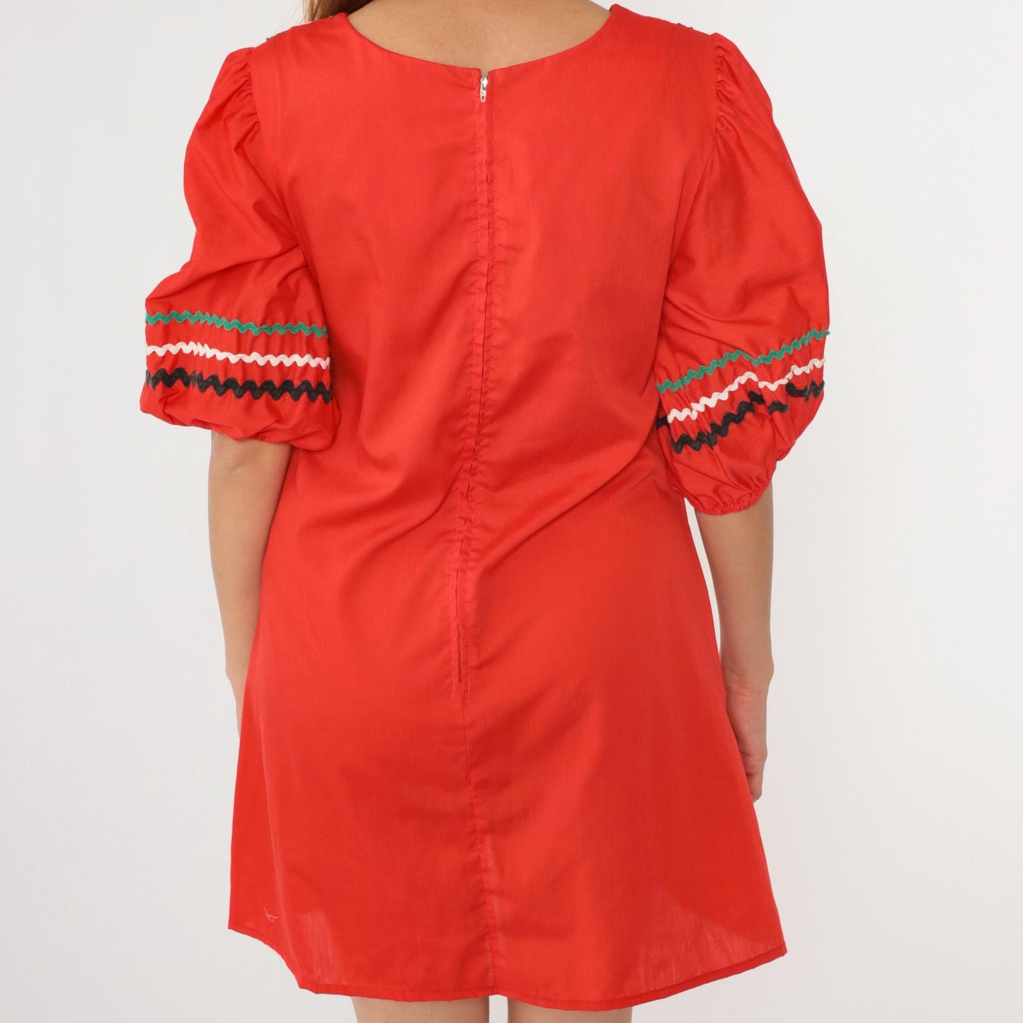 70s Red Mini Dress Puff Sleeve Ric Rac Trim Folk Country Shift Medium