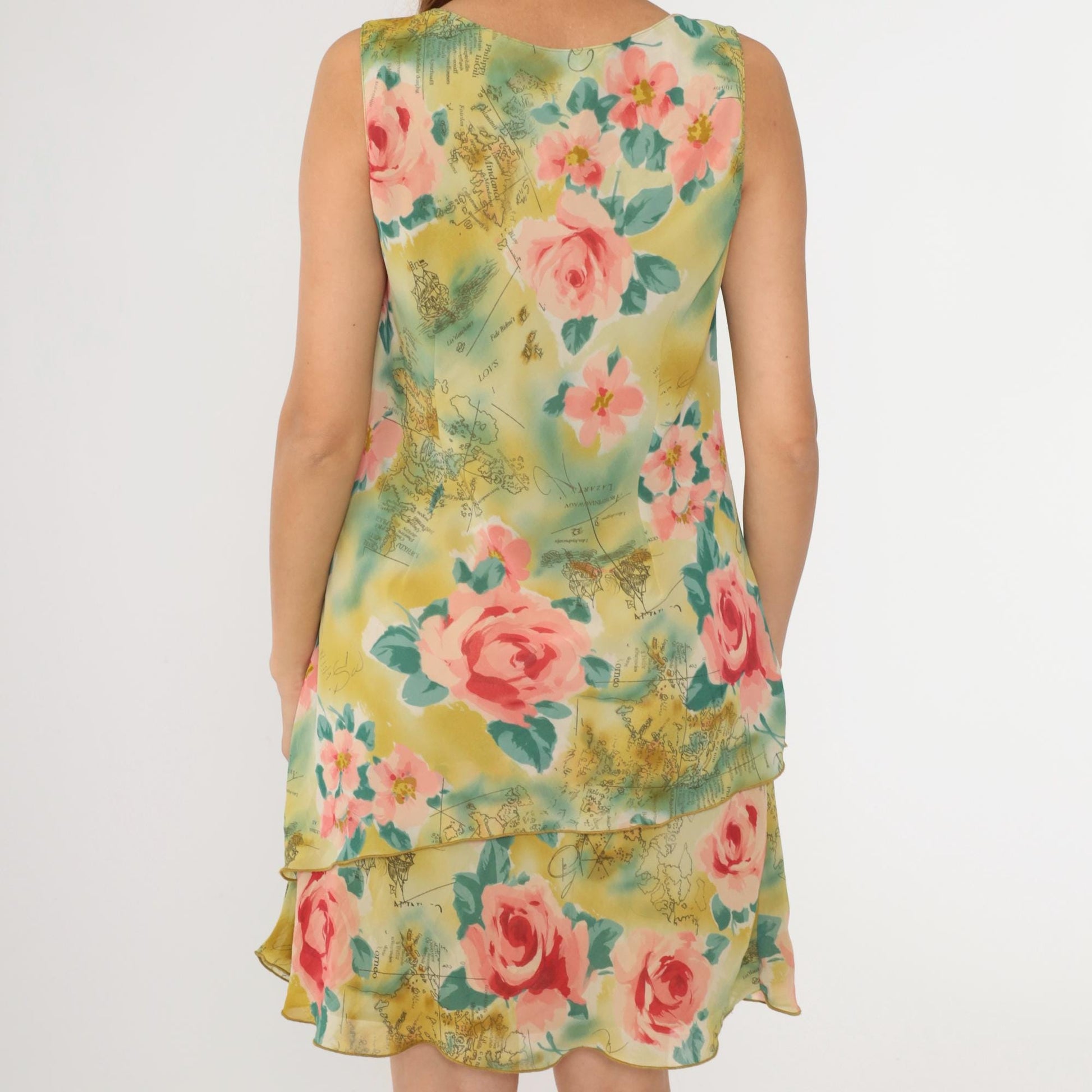 Y2K Tropical Map Floral Mini Sundress Asymmetrical Tiered Hem Pink Medium