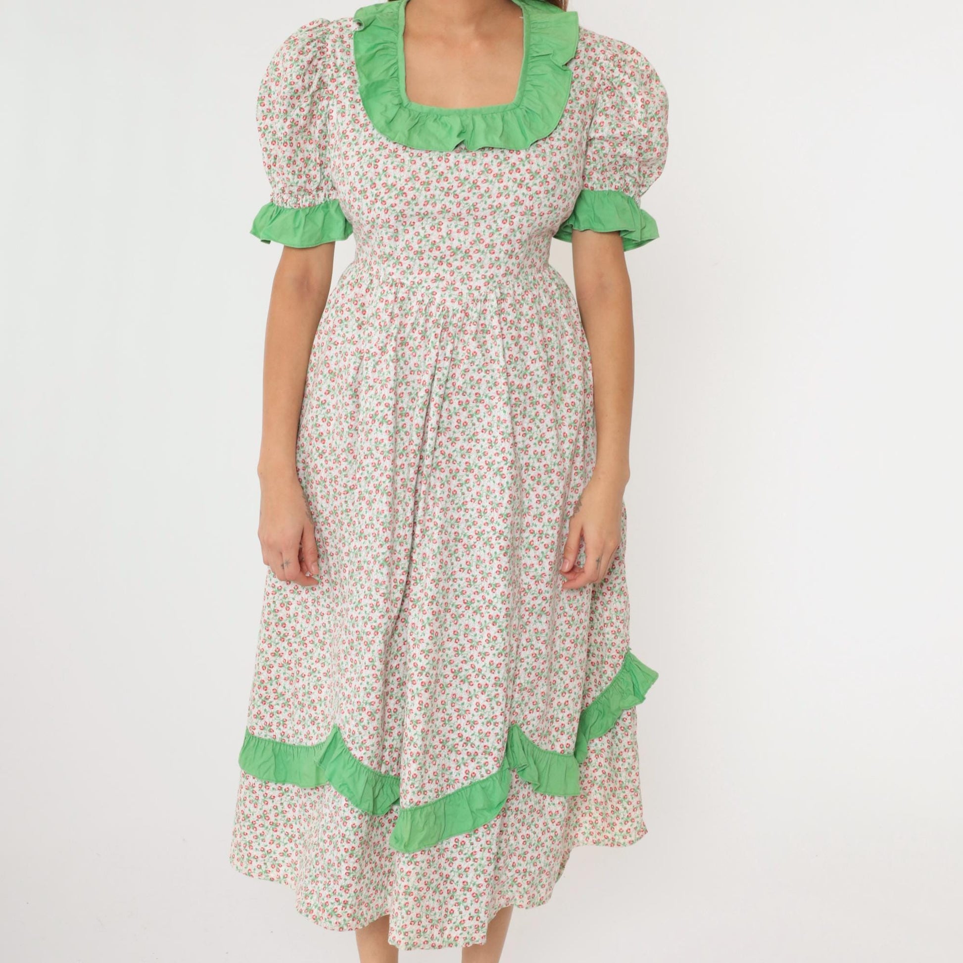70s White Calico Floral Midi Dress Puff Sleeve High Waist Ruffled Medium Large