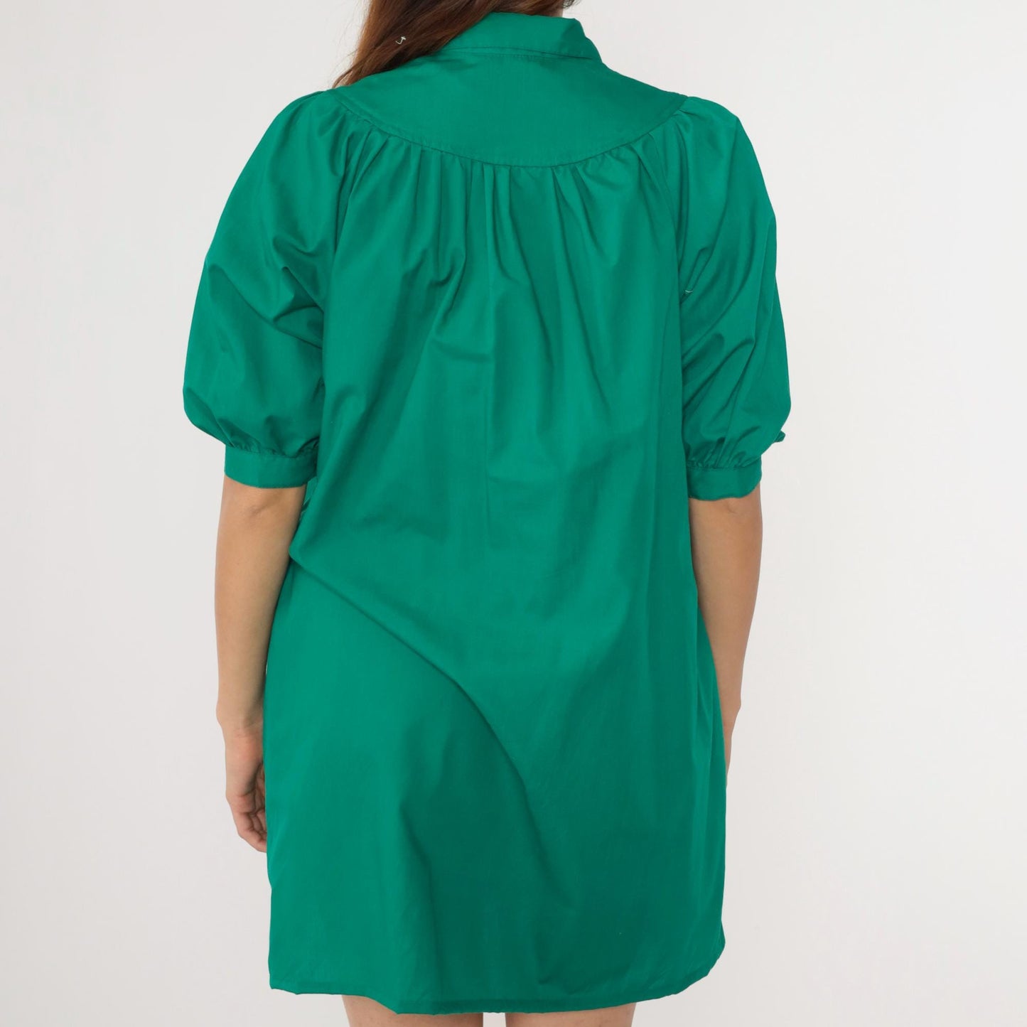 70s Green Yoke Shirtdress Peter Pan Collar Puff Sleeve A-Line Medium