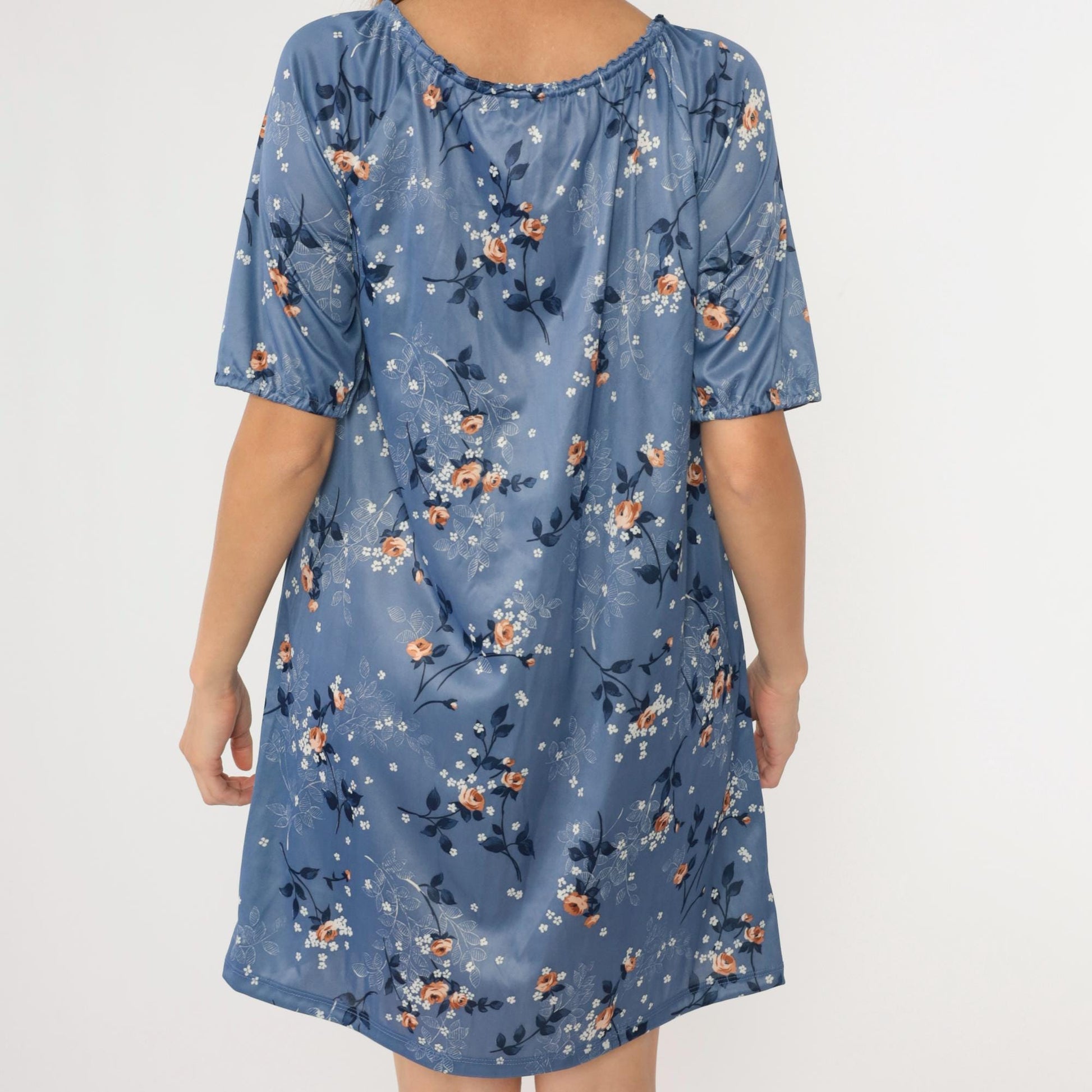 70s Blue Floral Mini Dress Keyhole Neck Shift Short Sleeve Medium Large