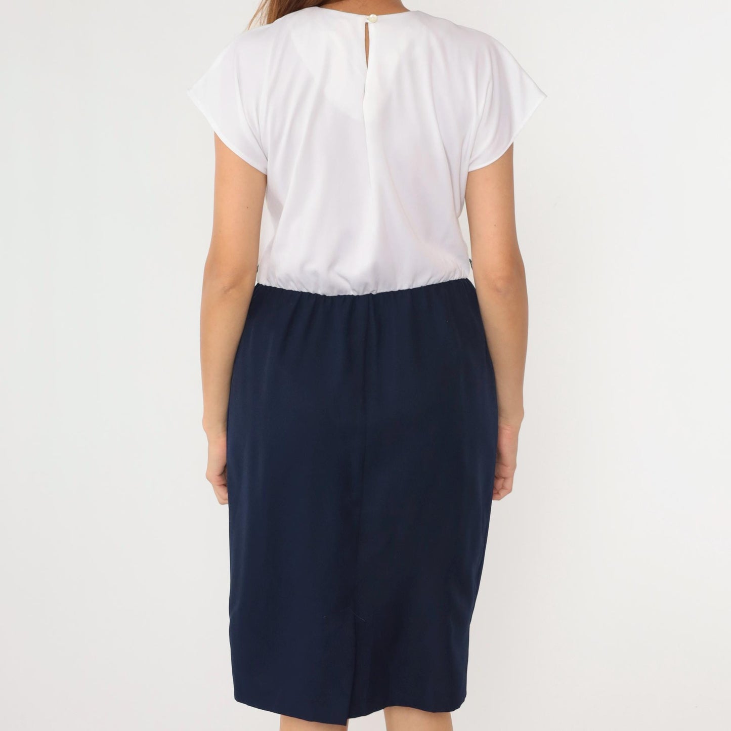 70s Color Block Midi Dress White Navy Cap Sleeve High Waist Medium Petite