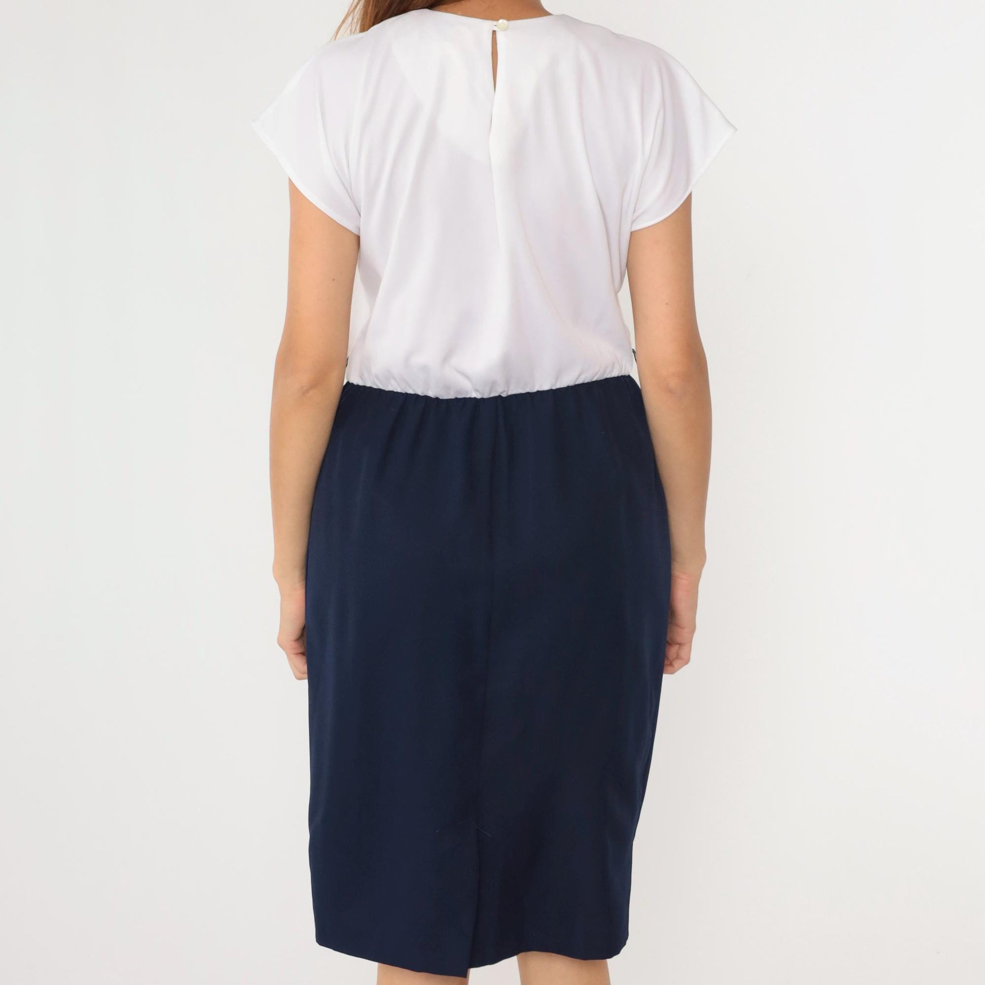 70s Color Block Midi Dress White Navy Cap Sleeve High Waist Medium Petite