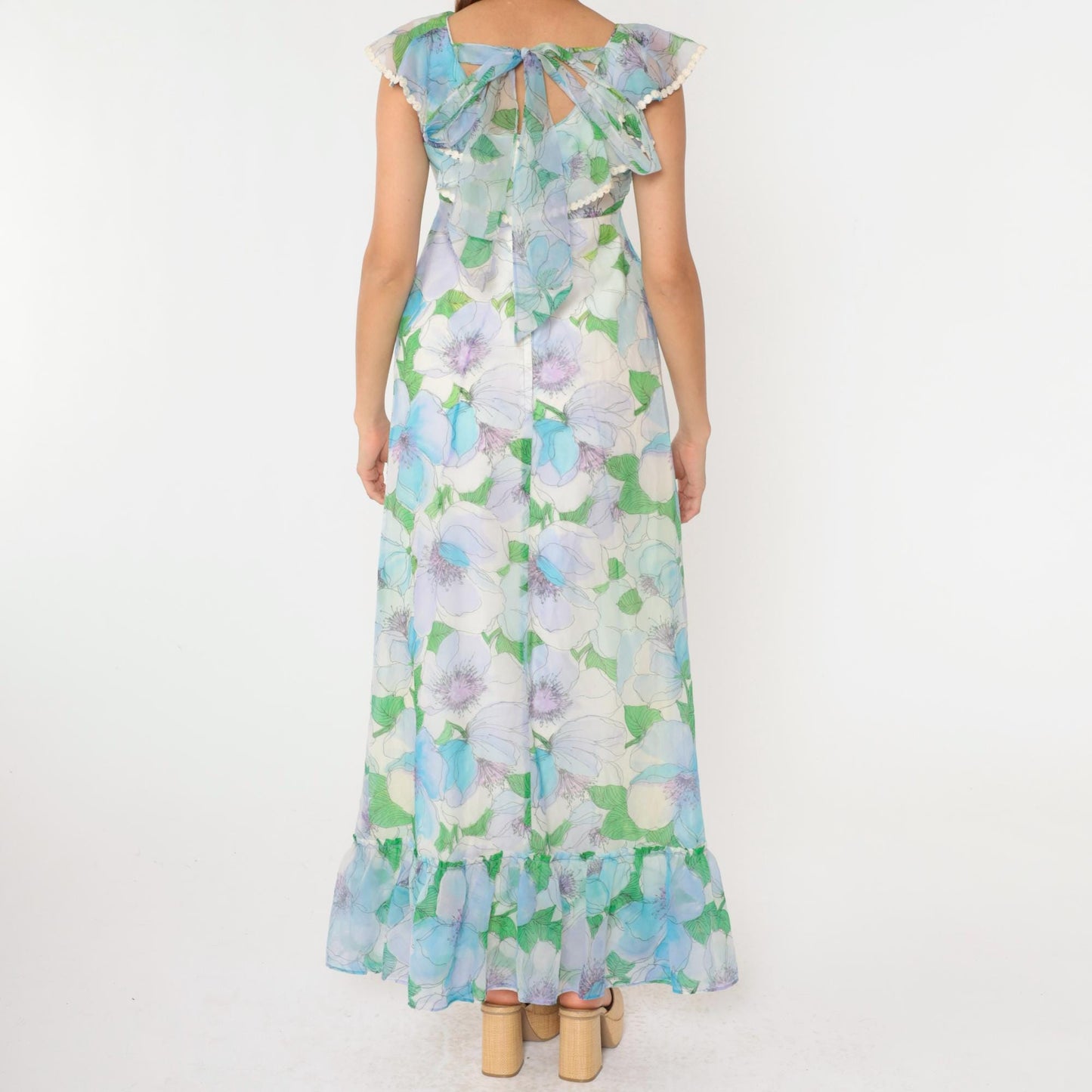 70s Floral Chiffon Maxi Dress Blue Green Ruffle Hem Open Back Small
