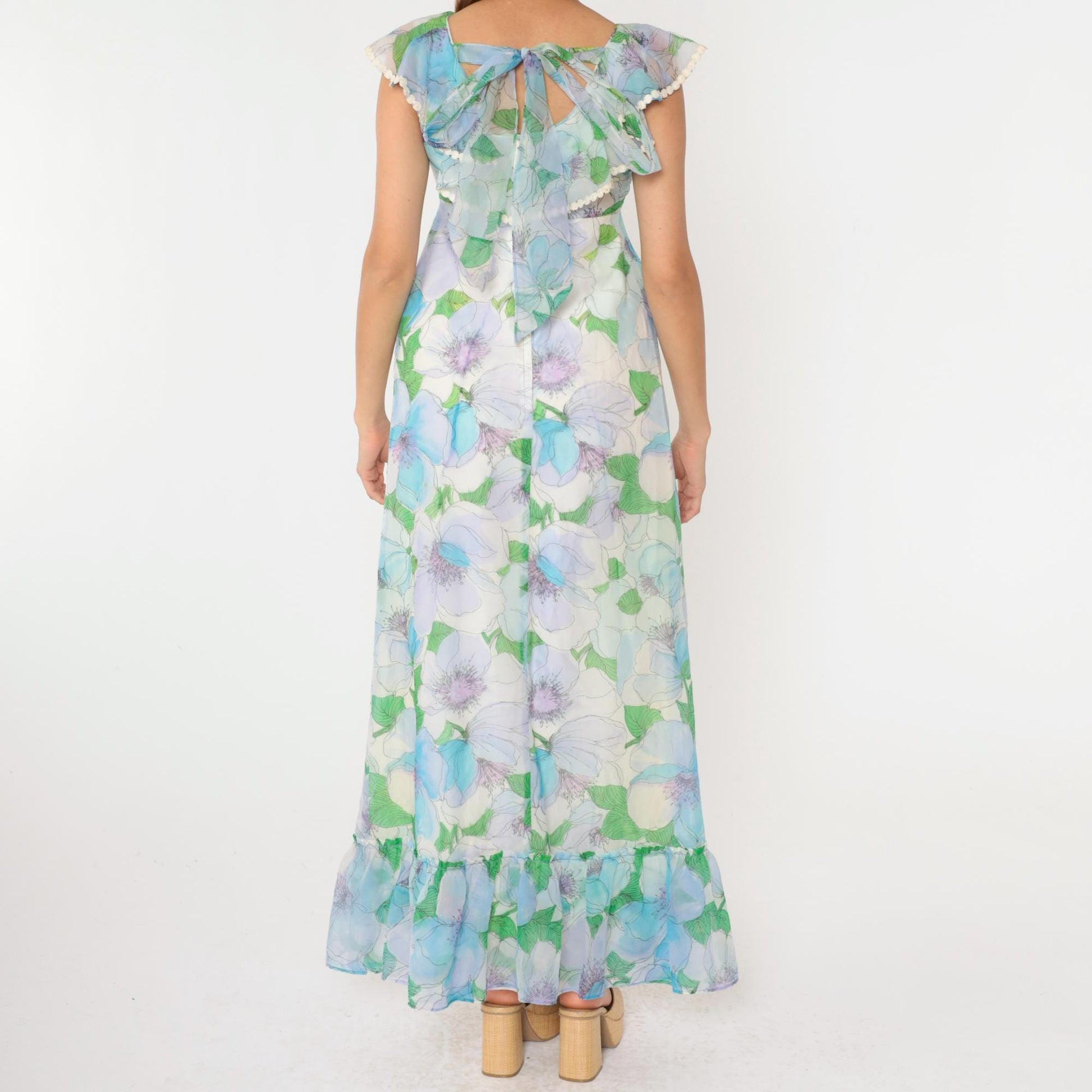 70s Floral Chiffon Maxi Dress Blue Green Ruffle Hem Open Back Small