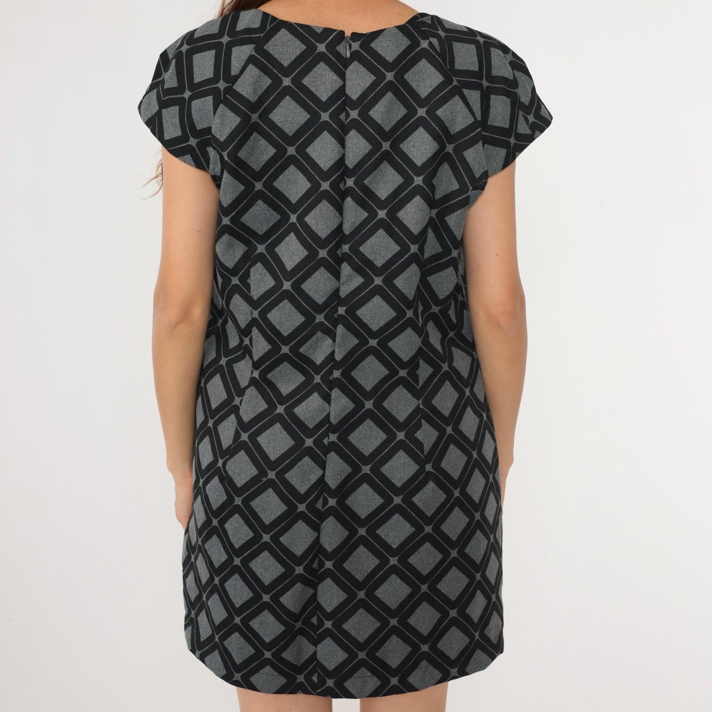 90s Robbie Bee Geometric Mini Dress Grey Black V-Neck Puff Sleeve Large
