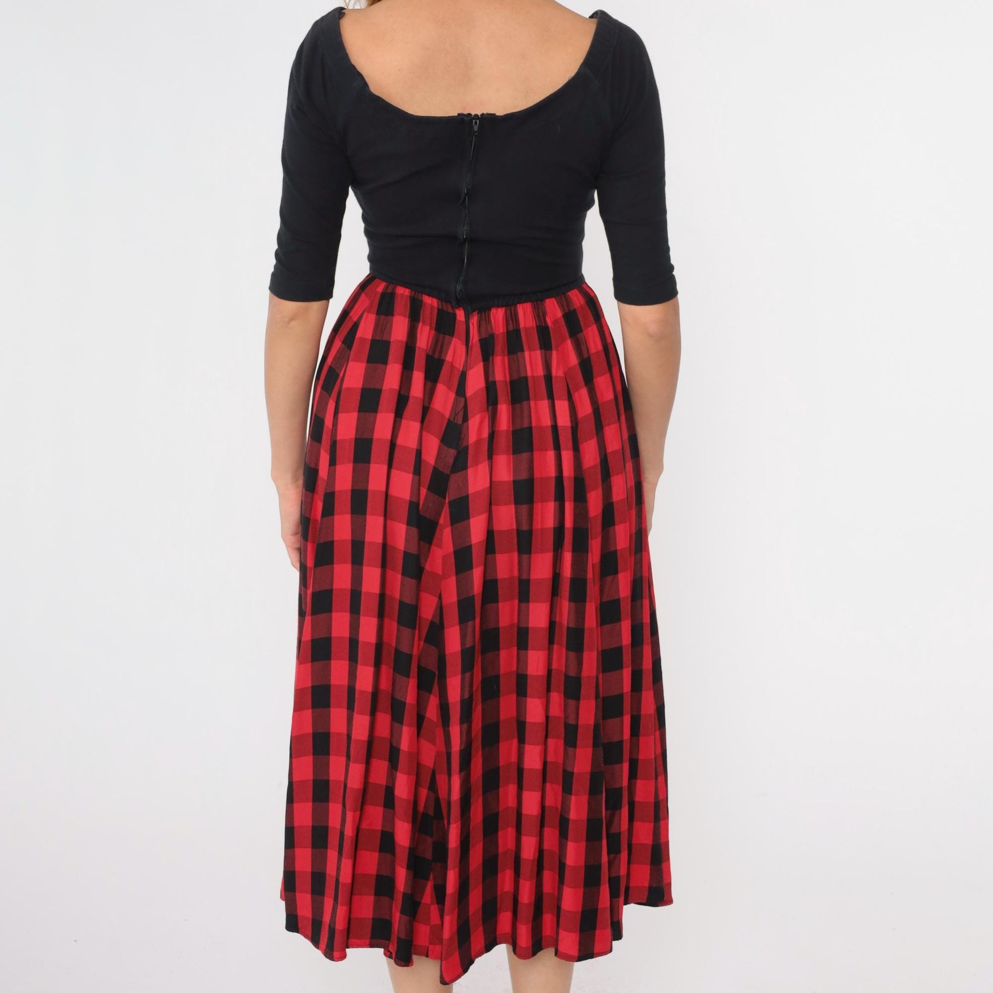 90s Buffalo Check Midi Dress Black Red High Waist Beaded Detail Medium