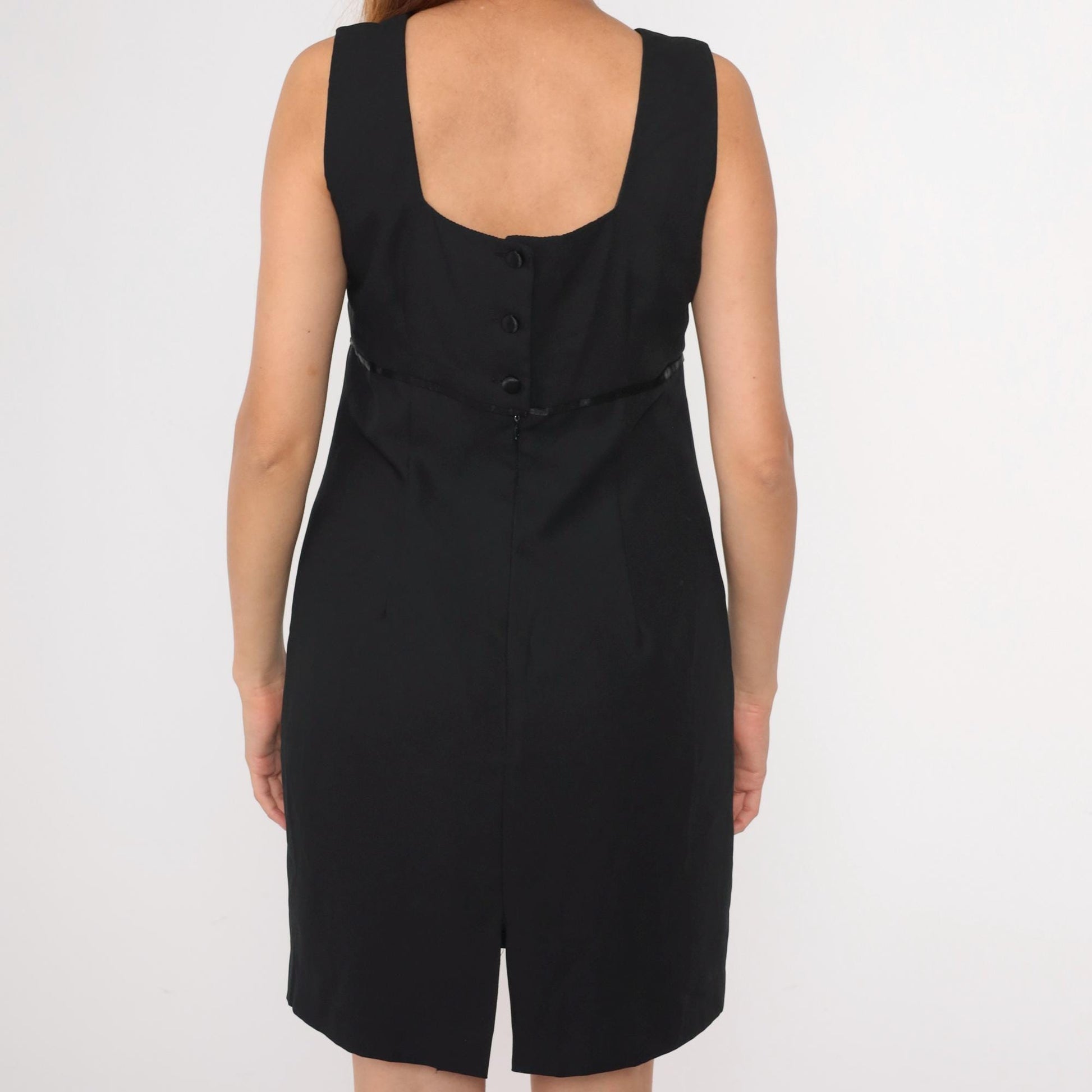 90s Black Shift Dress Empire Waist Mini Sleeveless Button Back Medium