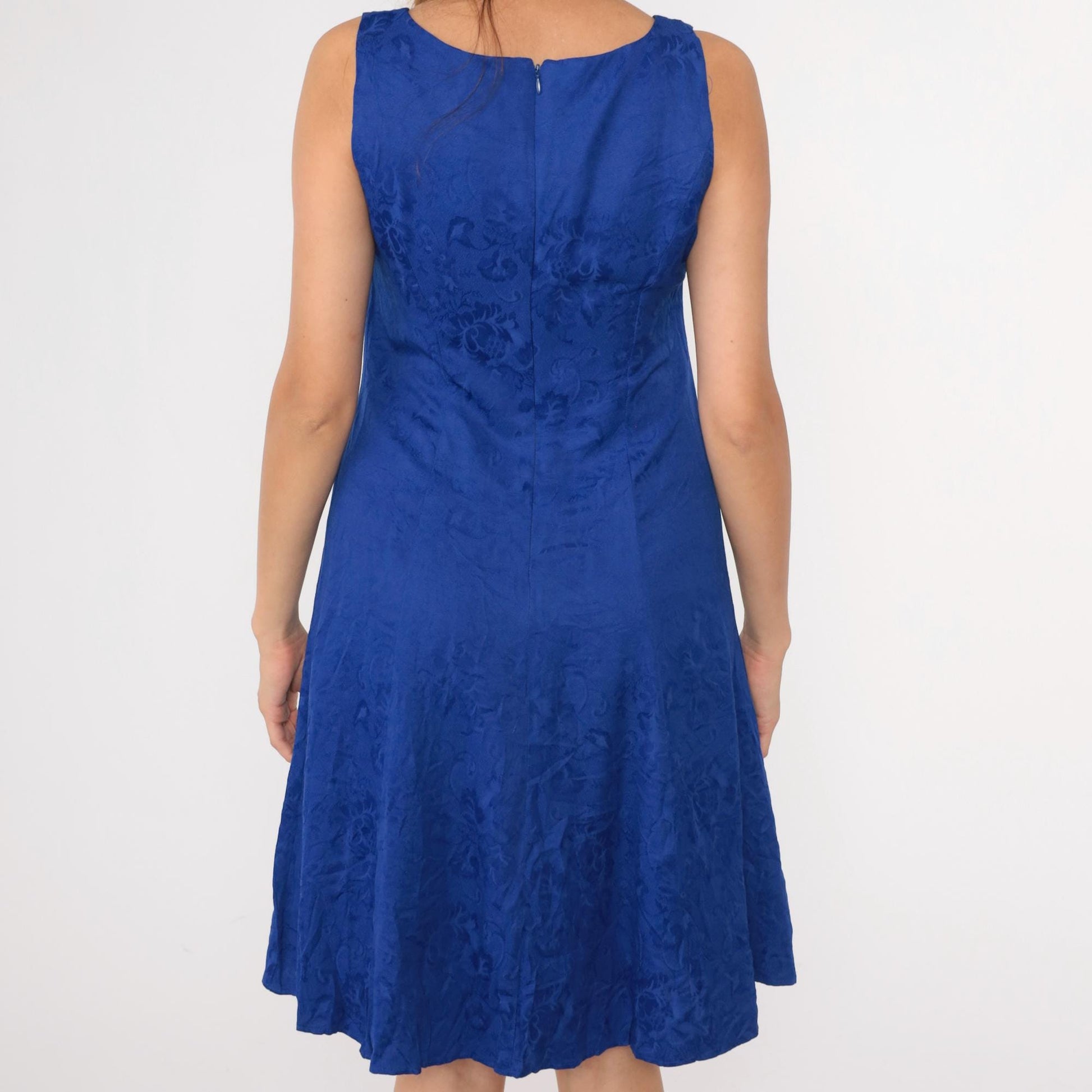 90s Karin Stevens Royal Blue Floral Jacquard Mini Dress Sleeveless Medium