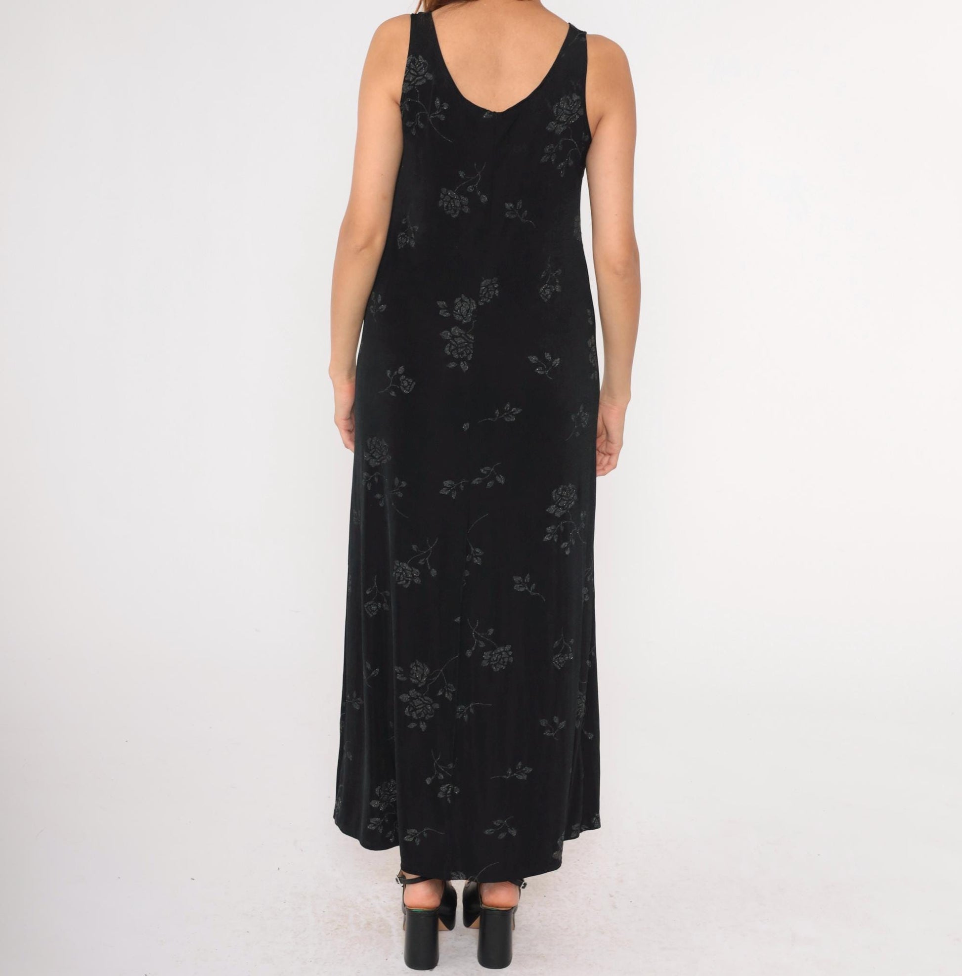 90s John Paul Richard Black Floral Glitter Maxi Dress Sleeveless Large L