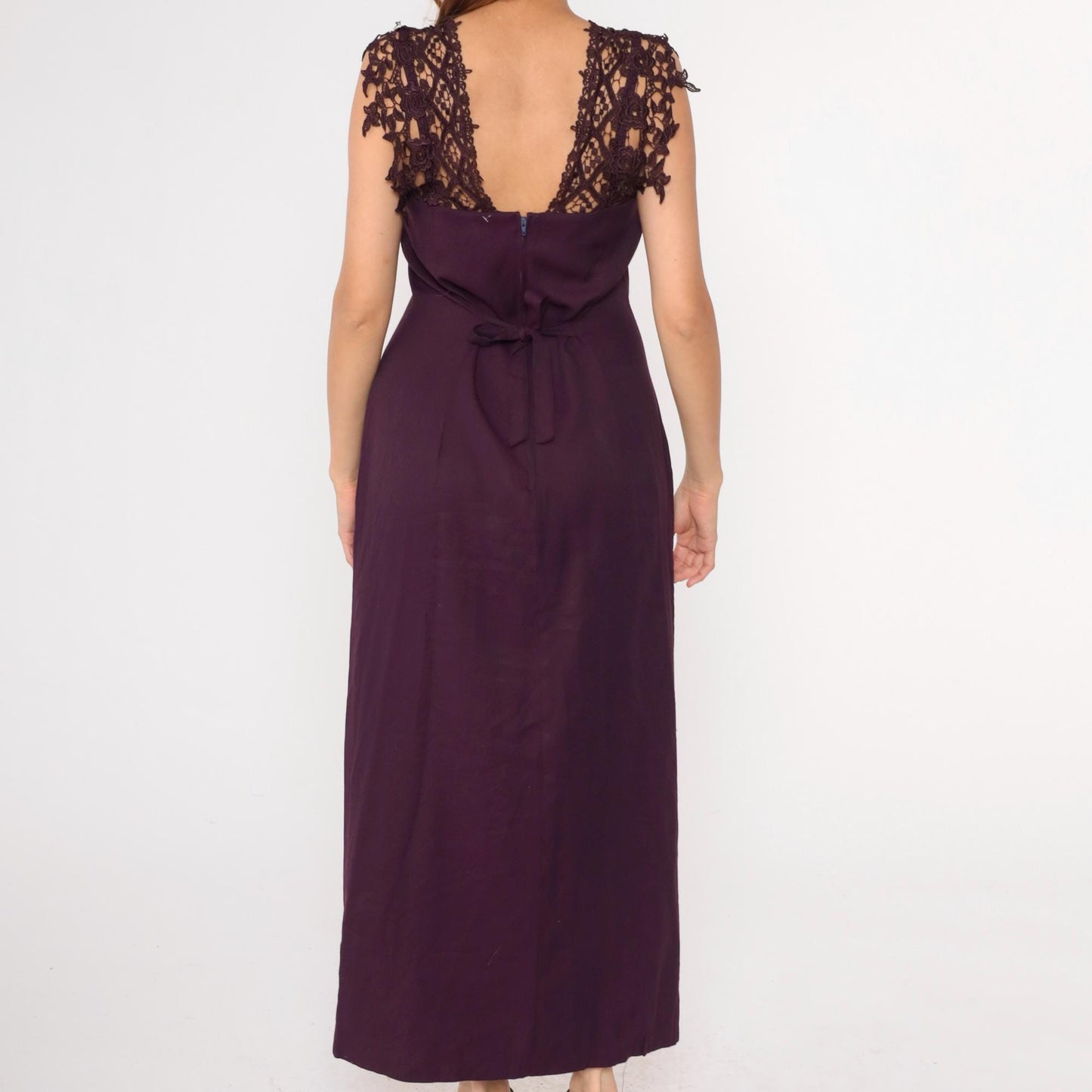 90s Purple Maxi Dress Lace Trim Rosette Sweetheart Spaghetti Strap Slit Medium
