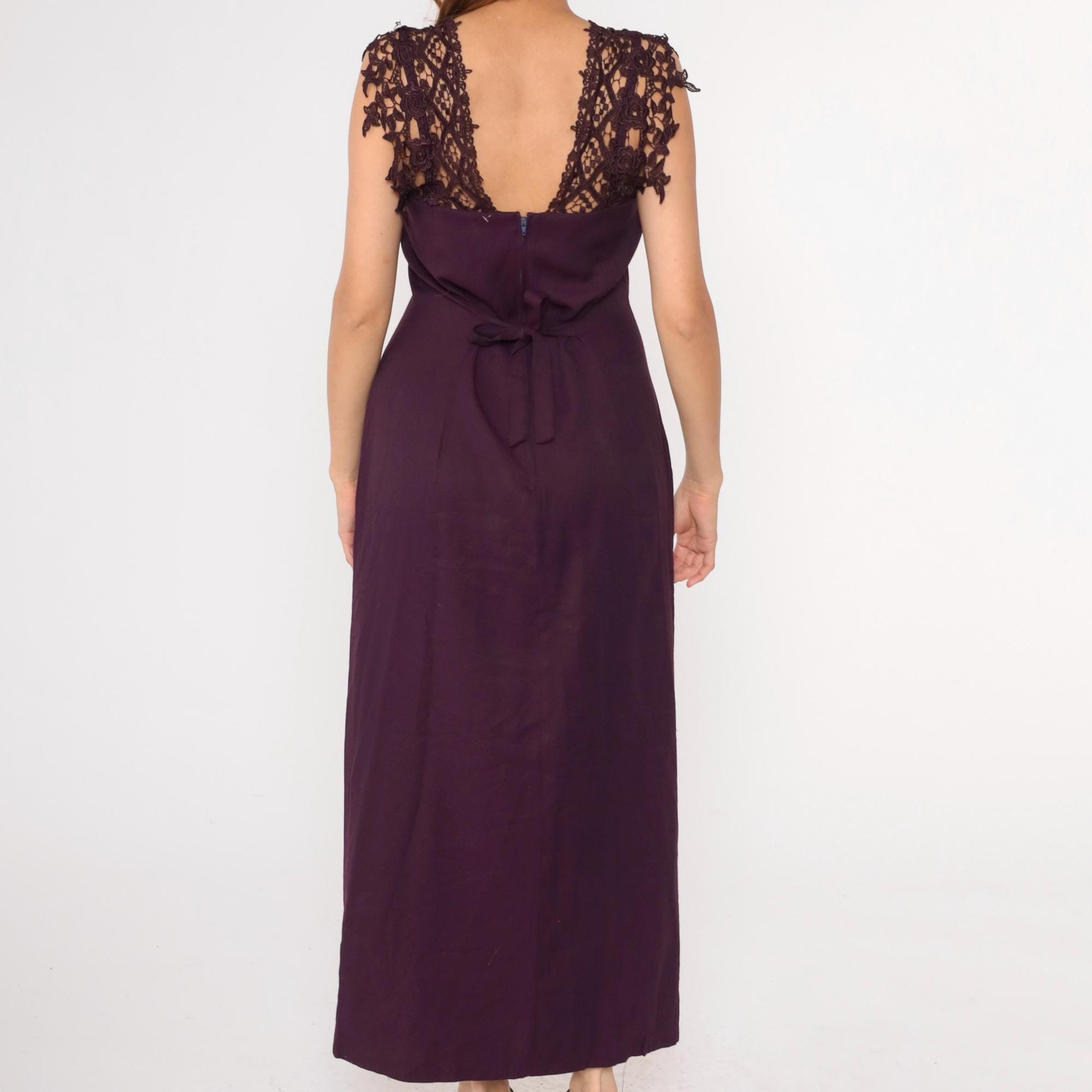 90s Purple Maxi Dress Lace Trim Rosette Sweetheart Spaghetti Strap Slit Medium