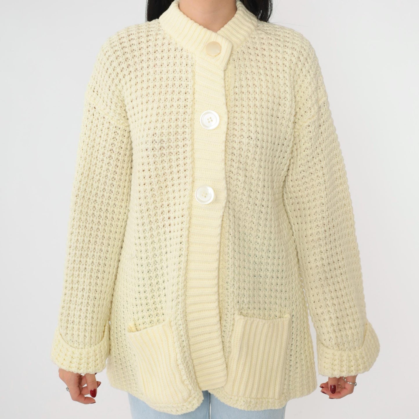 70s Cream Yellow Waffle Knit Cardigan Button-Up Ribbed Collar Pockets Medium Large