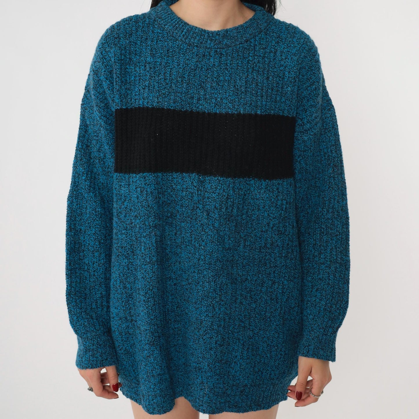 80s Wool Color Block Sweater Blue Black Striped Crewneck Pullover Men's Medium M
