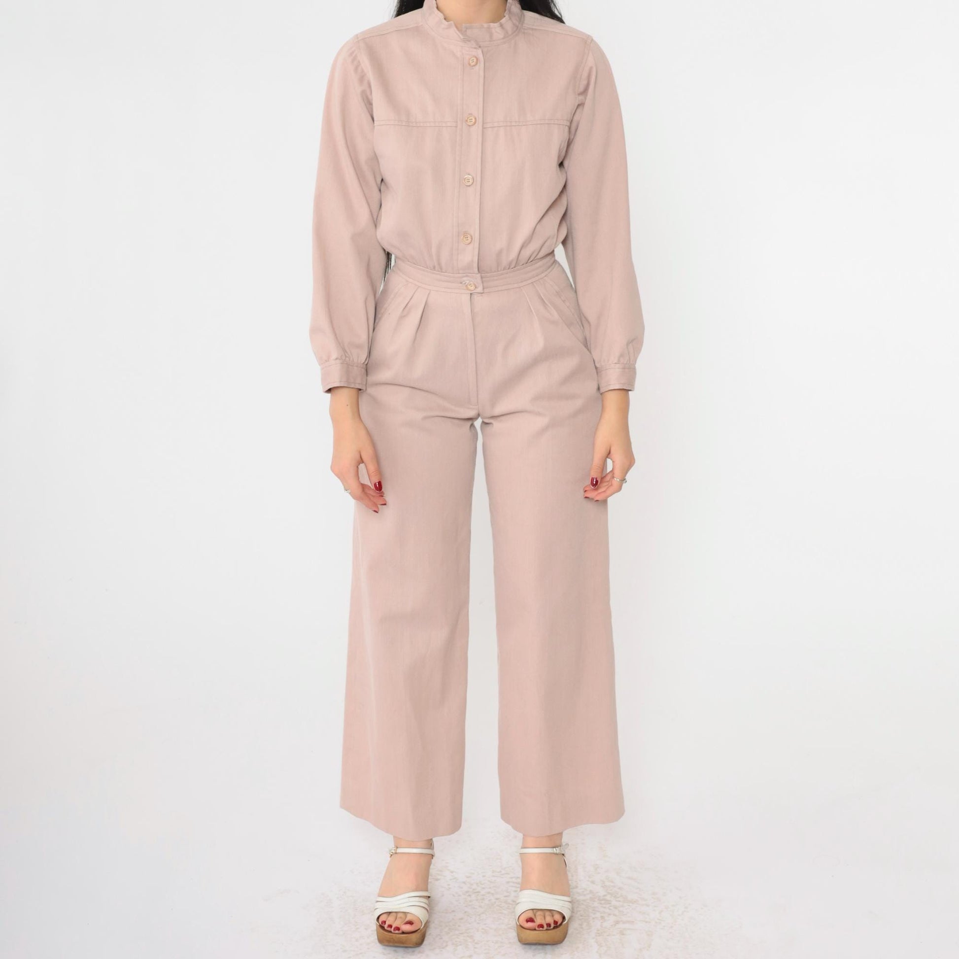 80s Warm Taupe Utility Jumpsuit Wide Leg Pleated Button Front Extra Small