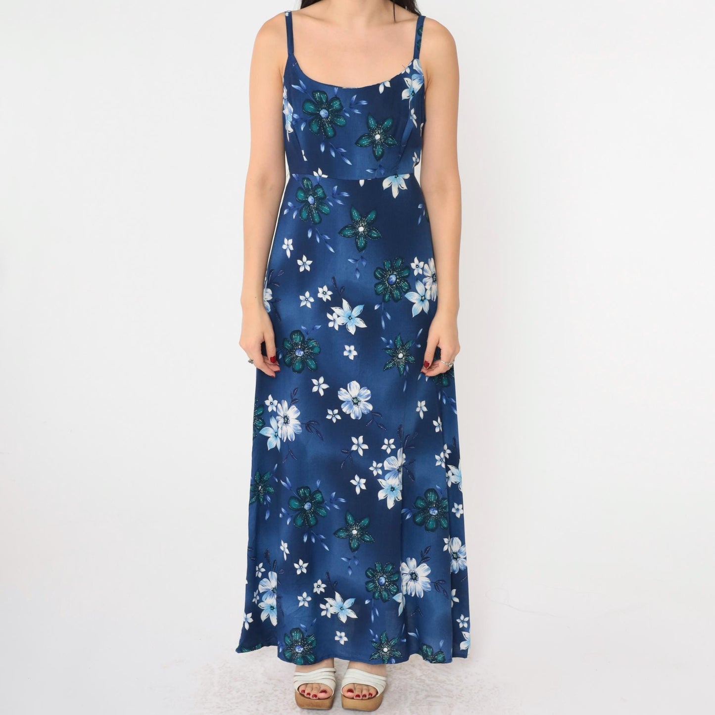 90s Blue Floral Maxi Dress Spaghetti Strap High Waist Medium