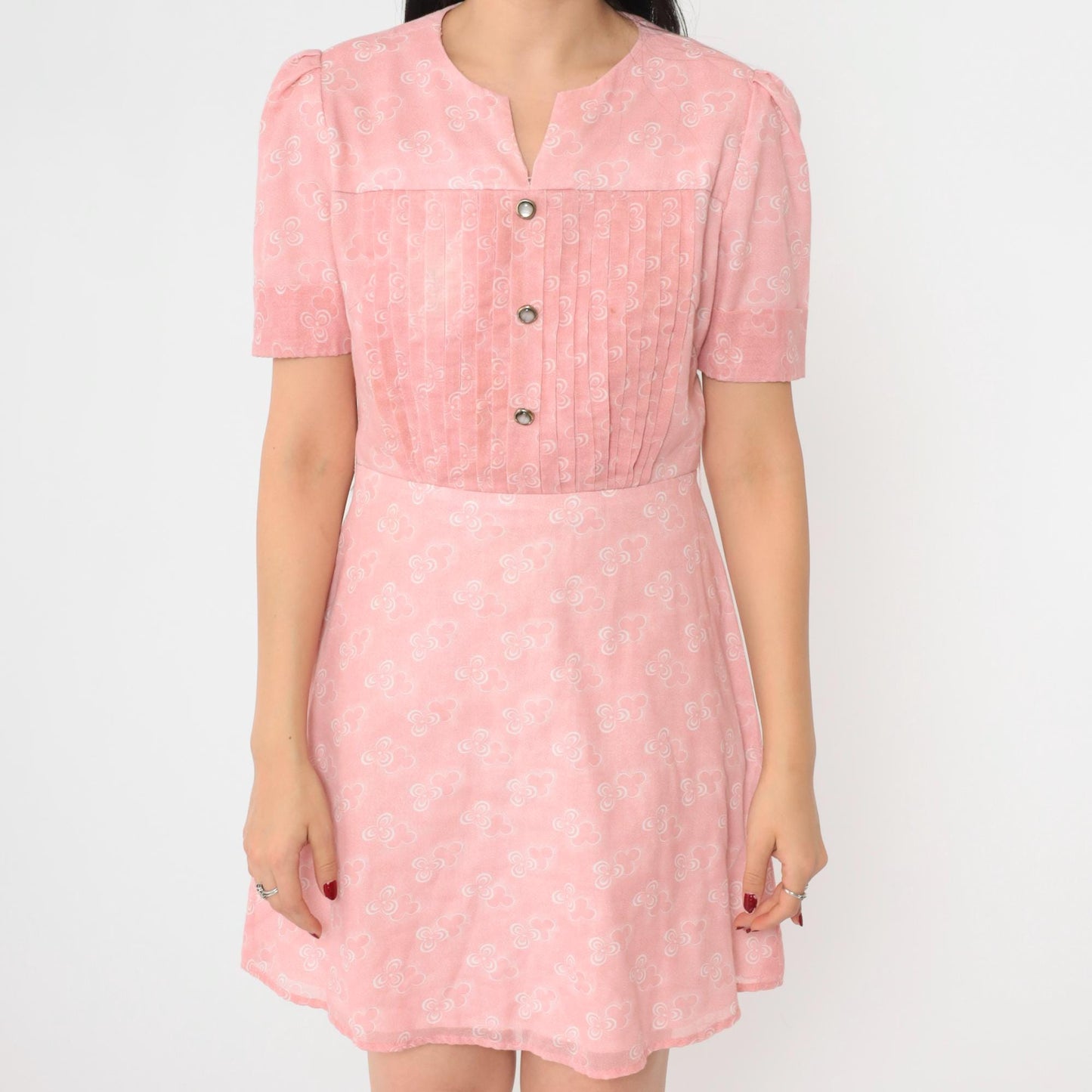 70s Pink Floral Mini Dress Puff Sleeve High Waist Pleated Small