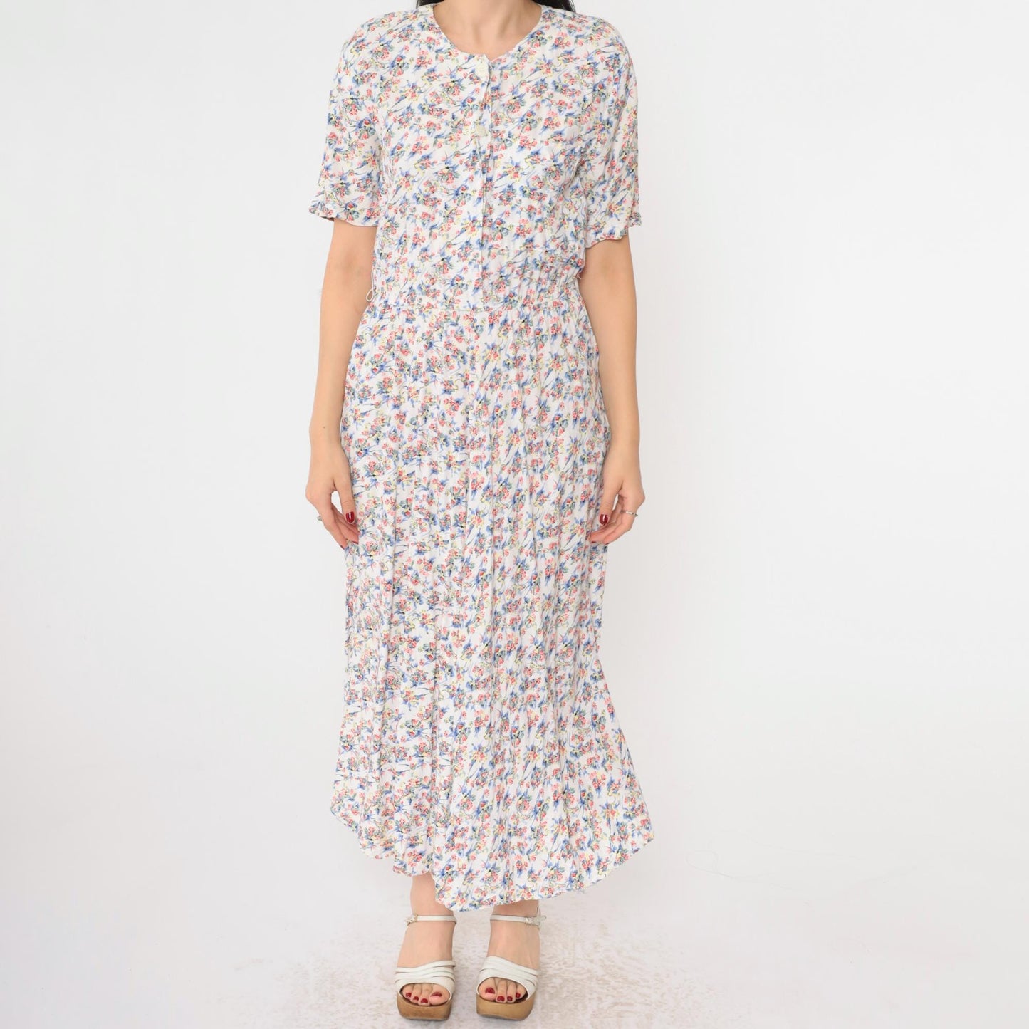 90s White Floral Print Button-Up Shirtdress Maxi Ankle Length Small