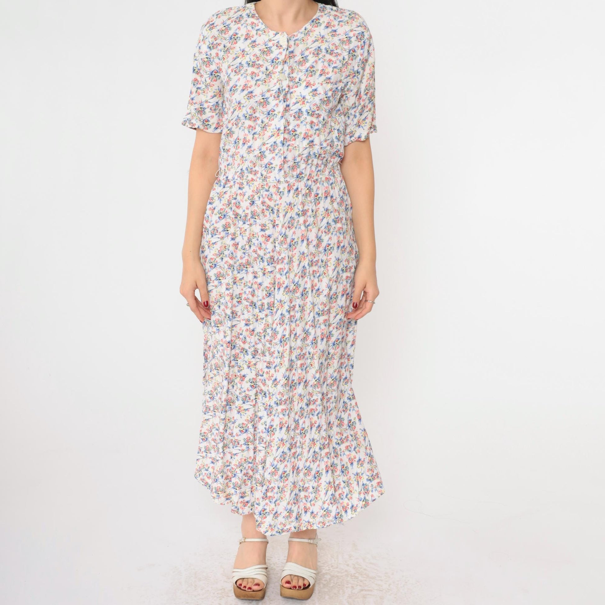 90s White Floral Print Button-Up Shirtdress Maxi Ankle Length Small