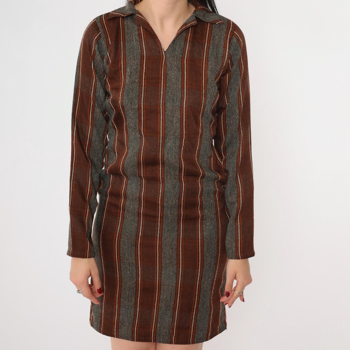 70s Striped Shift Dress Mini V-Neck Long Sleeve Grey Brown Orange Extra Small