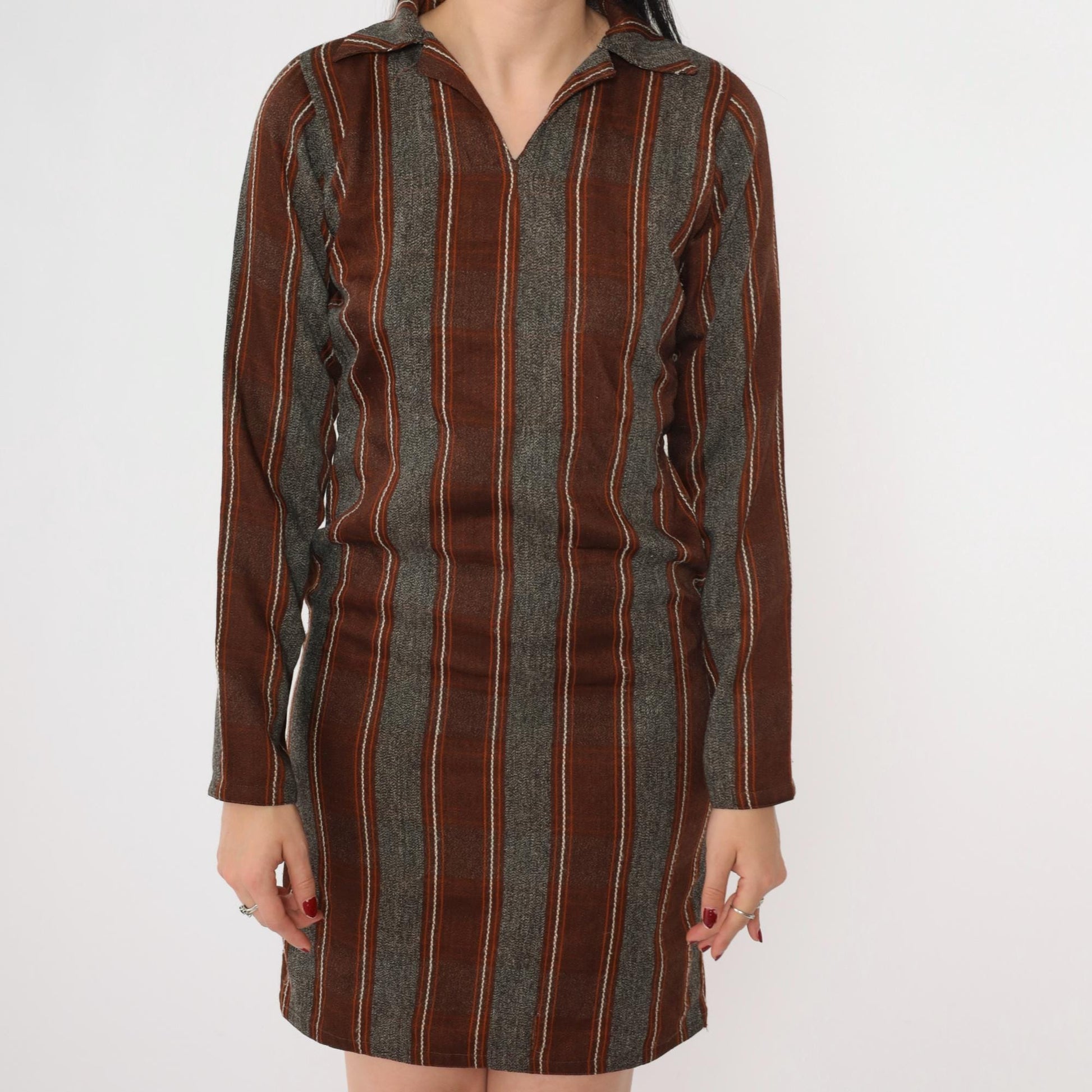 70s Striped Shift Dress Mini V-Neck Long Sleeve Grey Brown Orange Extra Small
