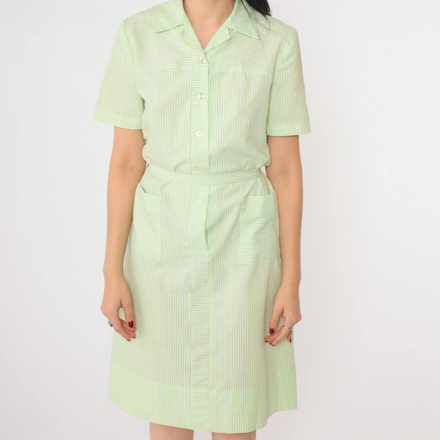 60s Nancy Frock Pastel Green Striped Button-Up Shift Dress Knee-Length Small