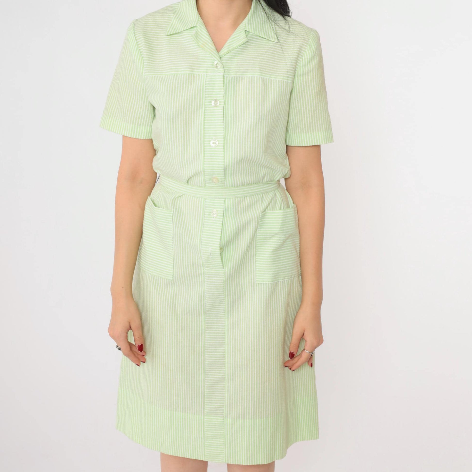 60s Nancy Frock Pastel Green Striped Button-Up Shift Dress Knee-Length Small