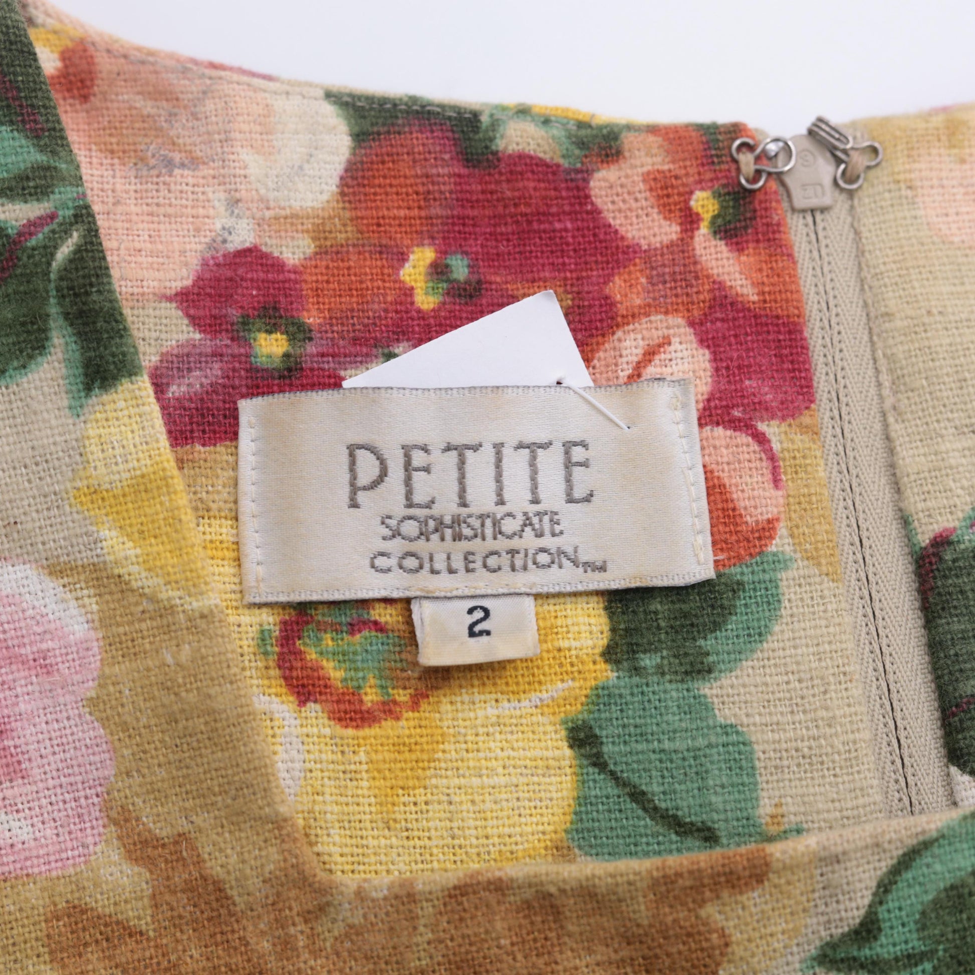 90s Petite Sophisticate Floral Mini Dress Tan Sheath Square Neck Extra Small