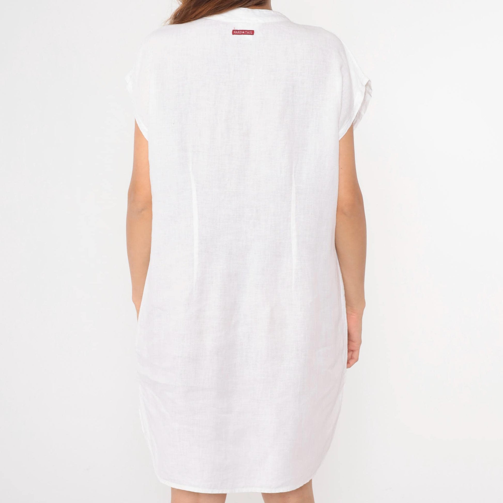 Y2K White Linen Midi Dress Pintuck Pleated Cap Sleeve Shift Large L