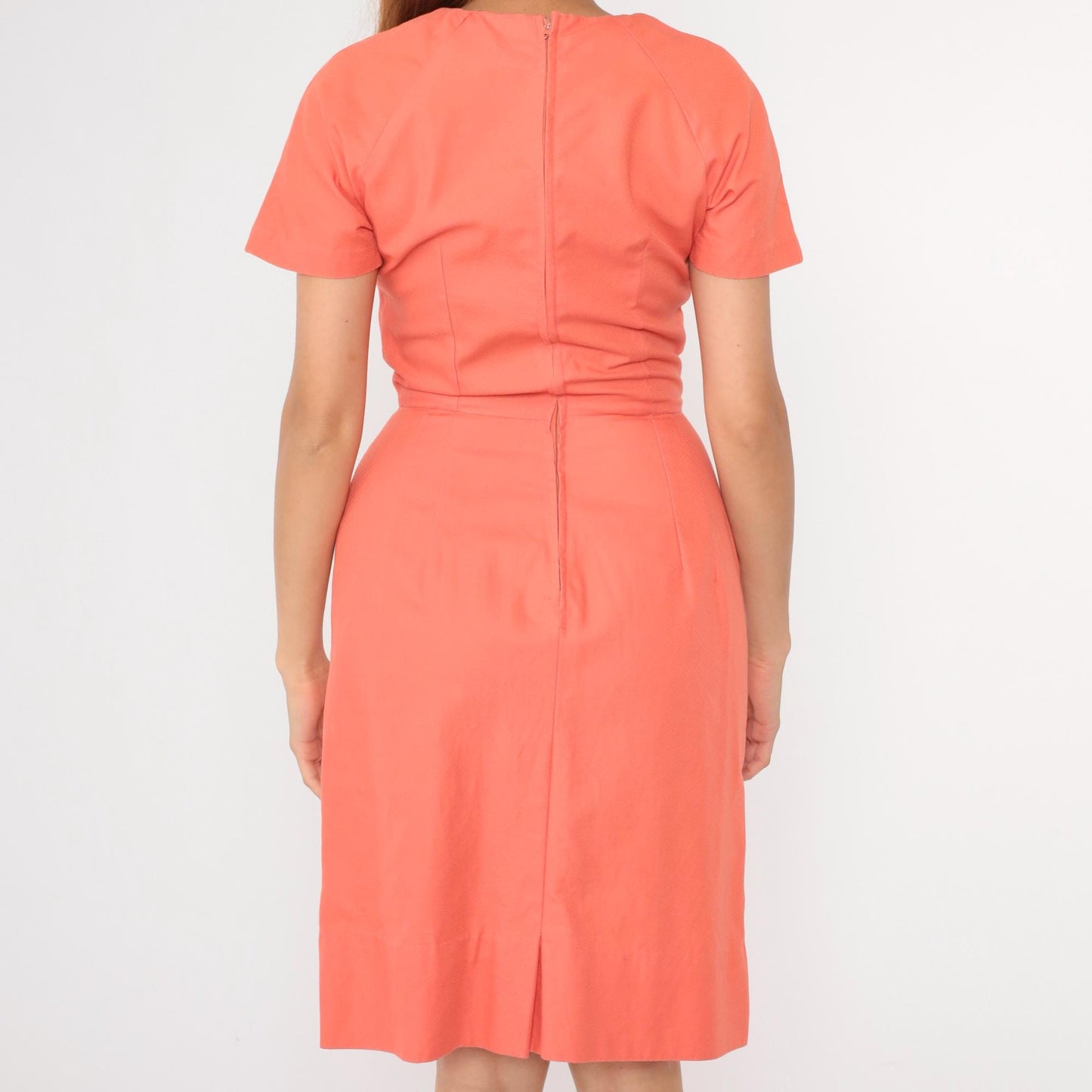 1960s Coral Pencil Dress V Neck High Waist Short Sleeve Small