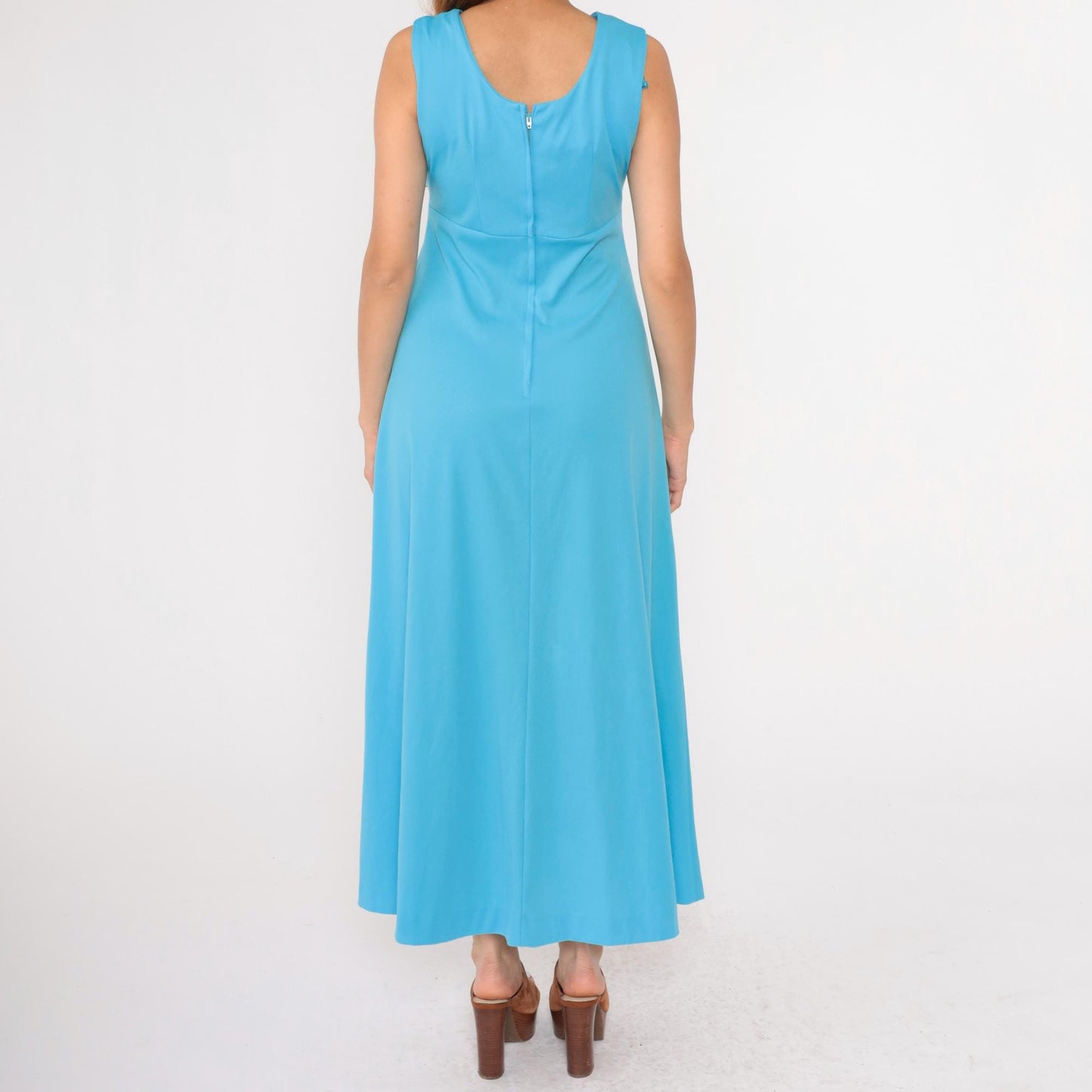 70s Blue Maxi Dress Rhinestone Beaded Empire Waist V Neck Sleeveless Medium