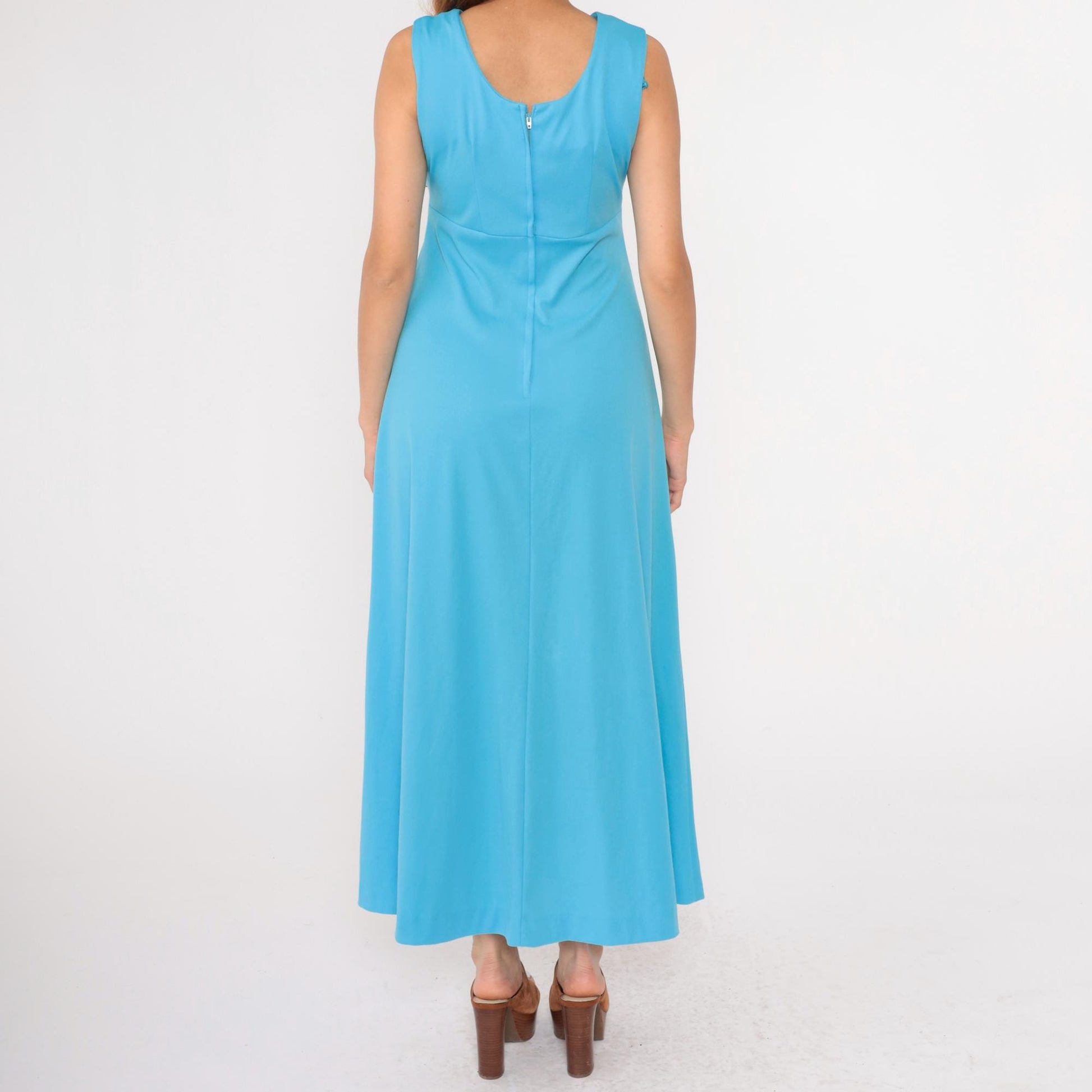 70s Blue Maxi Dress Rhinestone Beaded Empire Waist V Neck Sleeveless Medium