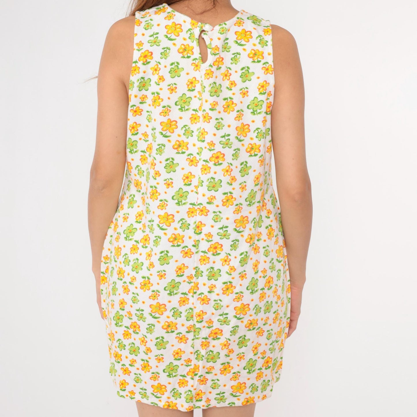 90s Floral Mini Dress White Yellow Green Shift Sleeveless Medium