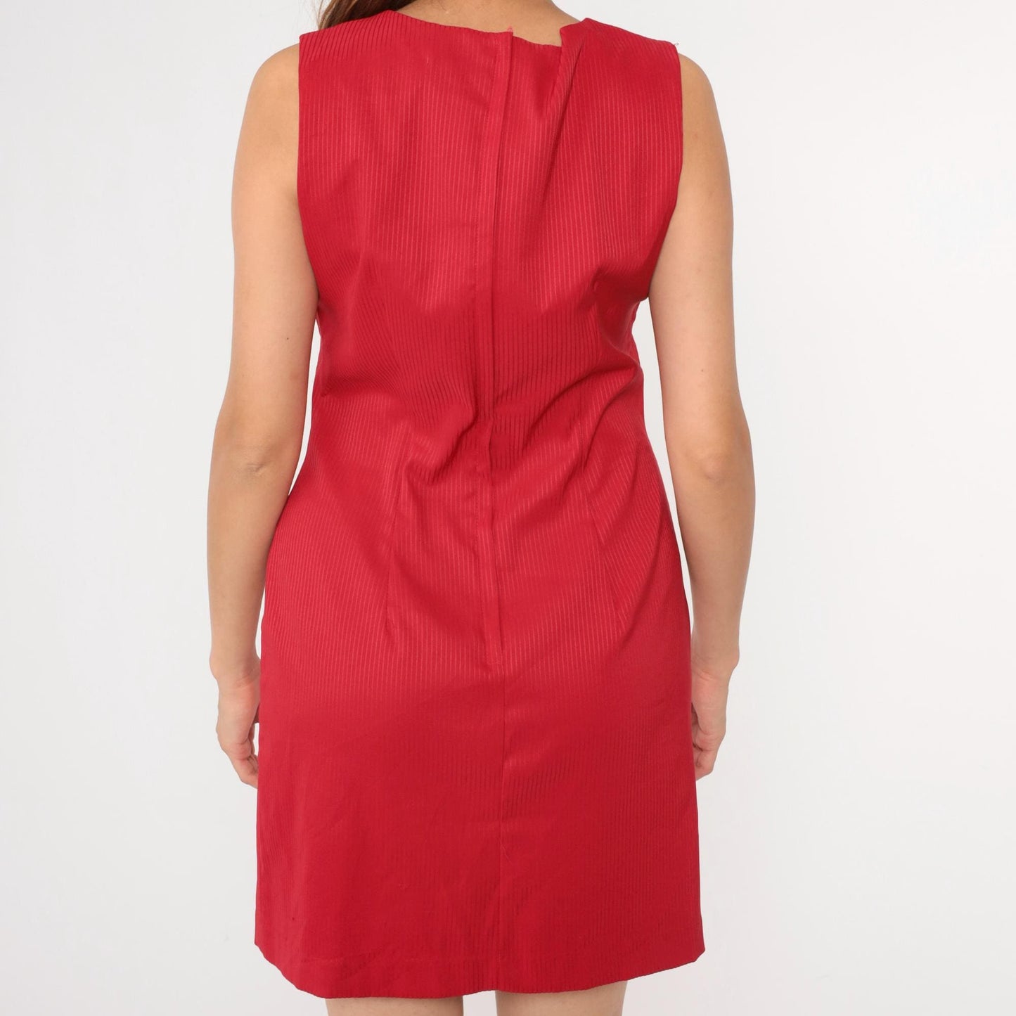 90s Red Striped Mini Sheath Dress Sleeveless Scoop Neck Medium